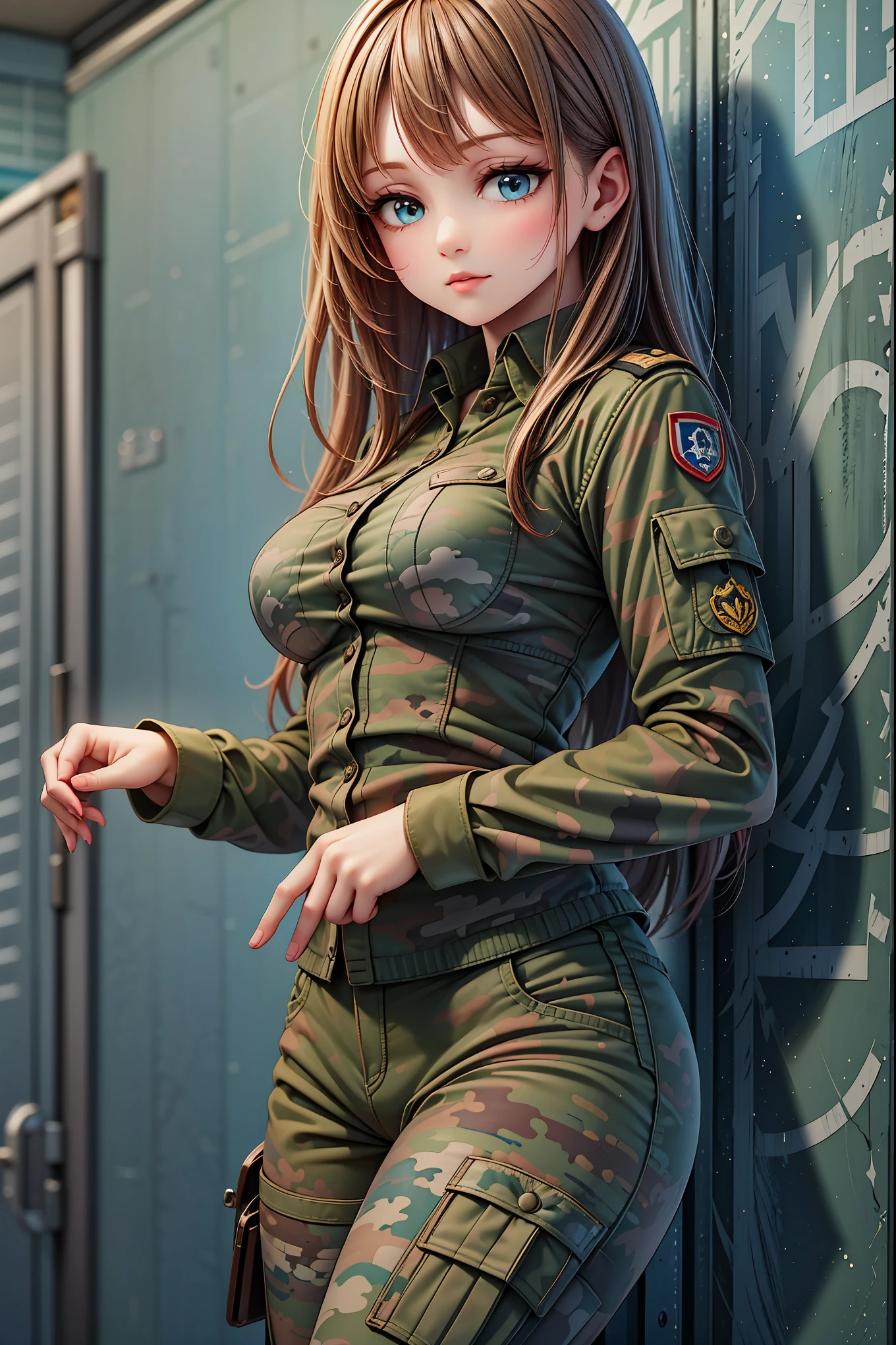 ((masterpiece, highest quality, Super detailed, Very detailed 8KCG wallpaper)), 1 girl, alone, medium breasts, soldier, Camouflage, military base, uniform, nice hands, perfect hands,