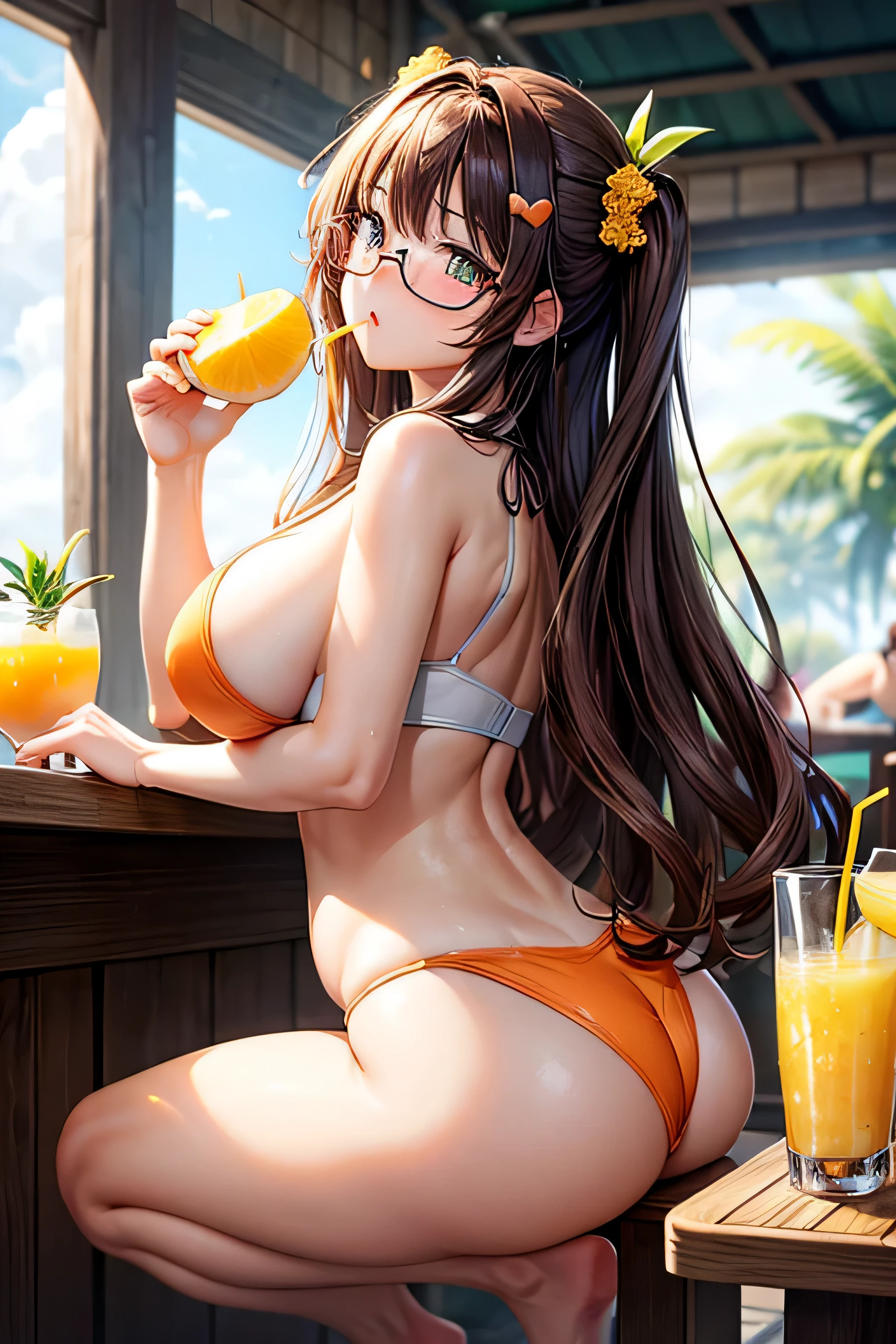 High resolution, high quality, 1 girl, anime girl, brown long hair, brown eyes,heart-shaped pupil, Green glasses, tanned skin, big breasts,beautiful breasts, (big ass),beautiful butt,白いスクールwater着,squat,(drink a lot of juice),(inflate one&#39;s stomach),(put your hand on your crotch),(lemonade),(lemon juice),(orange juice),(mango juice),(Binapple juice),(water),at the cafe,