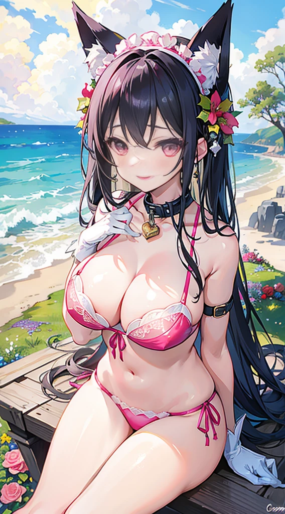 high quality, masterpiece, super detailed, 1 girl,  extremely detailed faces, Christmas pink lace bikini，pink gloves，pink stocking headdress，mad,handcuffs，collar，Calm expression,Smile，handcuffs，collar，long black hair, charming pink eyes, fox ears, Ridiculously big, shiny skin, Sitting in a sea of flowers，A sea of gorgeous flowers，grassland，seaside