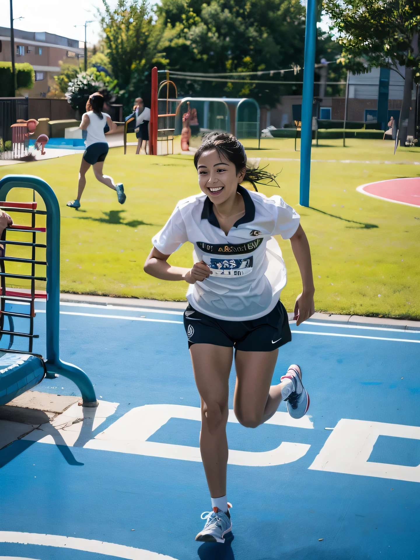 There is a woman runningning on the playground holding playground equipment, girl runningning, 女孩正在running, runningning towards camera, Nice environment, Encouraging, middle school, runningning towards camera, running, Run quickly towards the camera, wearing sportswear, have fun, sprint, environmental photography, Award-winning, Award-winning, Advertising photos