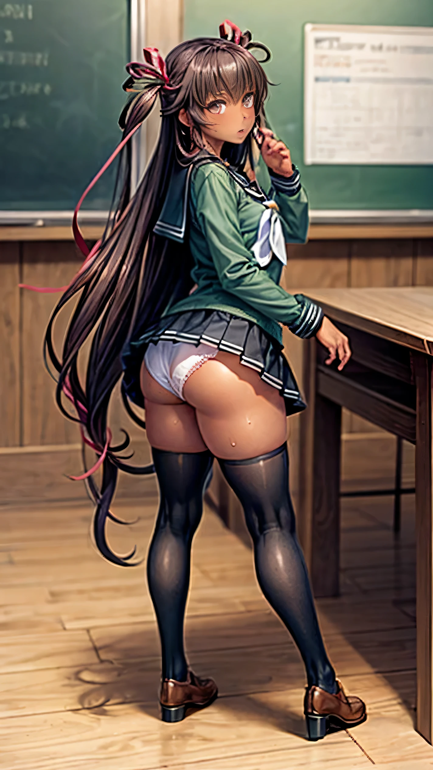 highest quality,1 girl,,full body,dark,sweaty,Mizuki Yukikaze, Braid,mini skirt,lift skirt,white panties,lace panties,turn around,look back,Pose that emphasizes the buttocks,classroom,hair ribbon, long hair, green shirt, serafuku, white neckerchief, long sleeve, pleated skirt, black skirt, black stockings, loafers