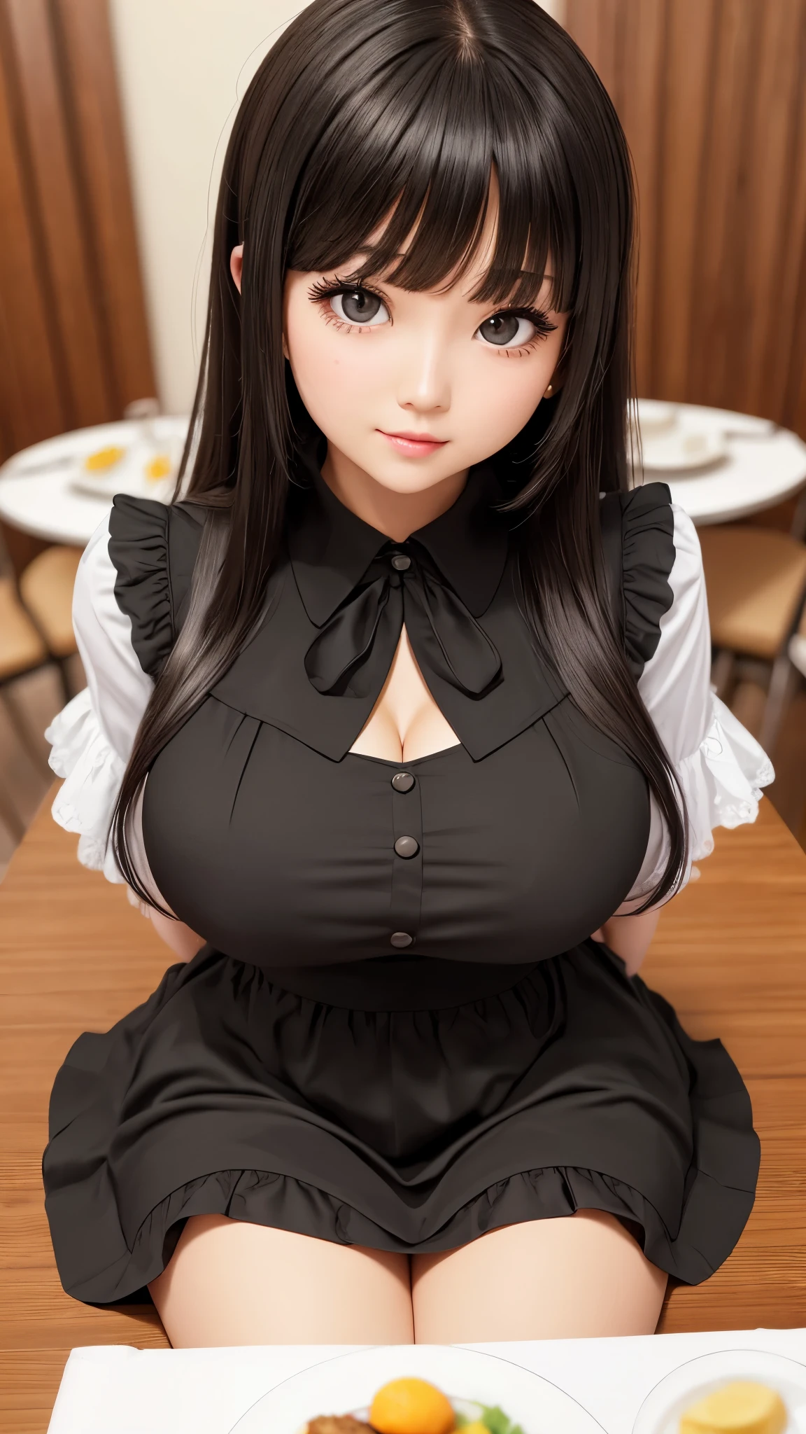 (top-quality)、(detaileds)、(1 girl in)、Colossal tits、livingroom、looking at viewert、Beautiful green eyes、A dark-haired、detaileds、maid clothes、black and white maid uniform、Highly exposed、Bend over in a deep valley、embarrassed from