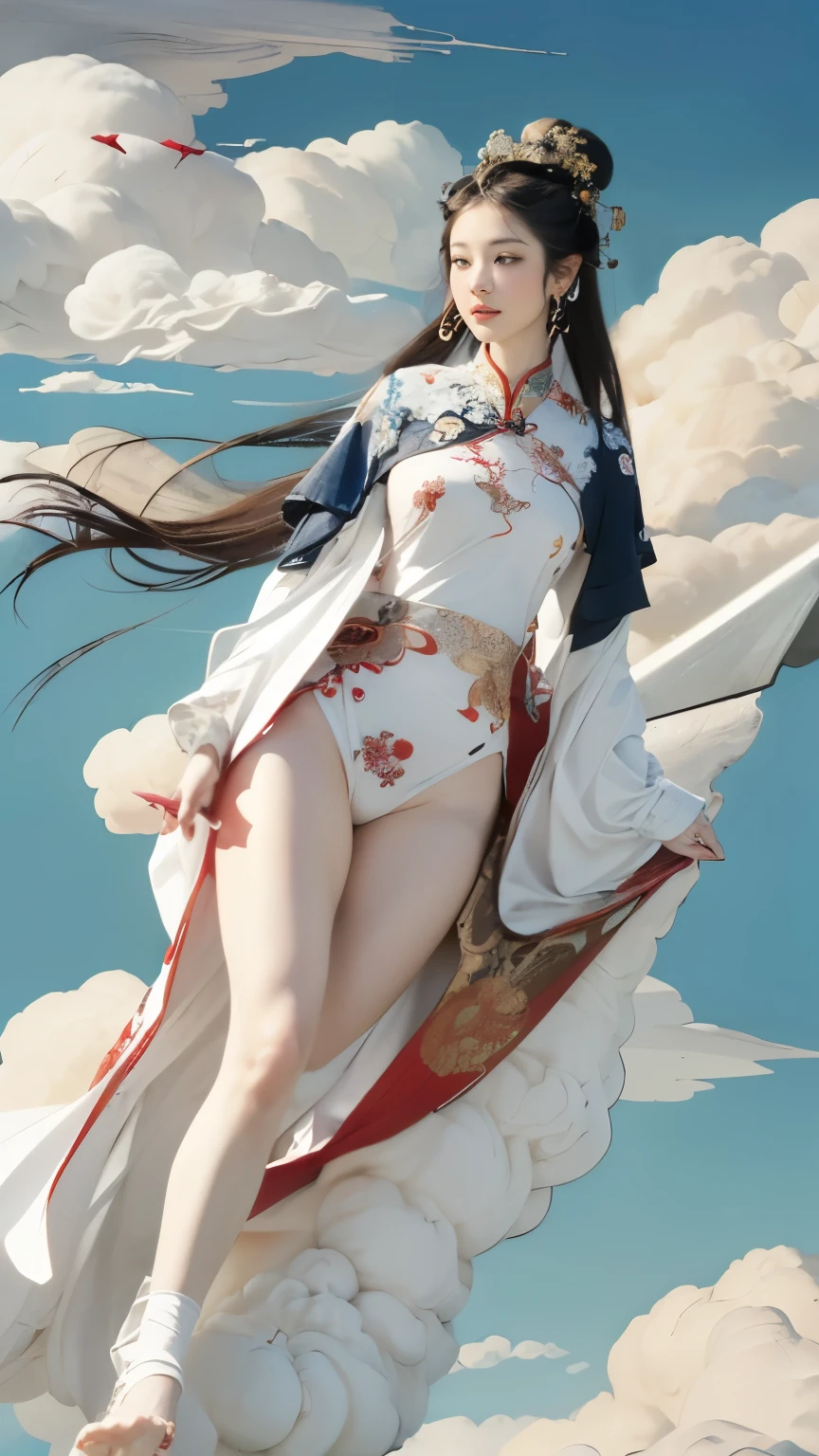 (masterpiece, top quality, best quality, official art, beauty:1.2),（最詳細清晰的profile和五官：2.0，profile：2.0） (1 Chinese goddess:1.5), Very detailed,(Dunhuang艺术:1.1),(Dunhuang，colorful:1.1)(flowers:1.3),most detailed,(Zentangle:1.2), (Dynamic flight attitude，Foot on the white clouds，Showing thighs:2.0), (blue sky, White clouds and bright moon background:1.3), (Chinese embroidered Hanfu:1.2), (shiny skin，camel toe：1.2), (Many colors:1.4), ,(earrings:1.4),