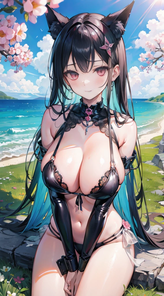 high quality, masterpiece, super detailed, 1 girl,  extremely detailed faces, lace latex bikini，handcuffs，collar，Calm expression,Smile，handcuffs，collar，long black hair, charming pink eyes, fox ears, Ridiculously big, shiny skin, Sitting in a sea of flowers，A sea of gorgeous flowers，grassland，seaside