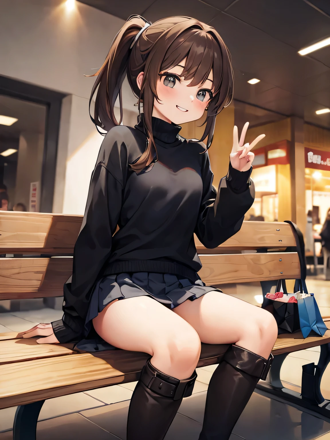 (masterpiece, highest quality, High resolution, realistic pictures, realistic skin:1.1),
(Shopping Mall Benchに座る女性:1.8), 
(Please use the female panty shots facing the front.:1.8),
(grinning expression:1.5),
(She is wearing a blue long sleeve turtleneck knit:1.8),
(she is wearing a gray flared miniskirt:1.8),
(she is wearing black clothes, middle boots:1.8),
(The pants are in bright colors:1.2),
(brown hair in a middle ponytail:1.5),
(small face:1.5),
(Location: Shopping Mall Bench:1.5),
1 Japanese girl, alone, Full-bodied Esbian, beautiful eyes, sparkling eyes, NSFW