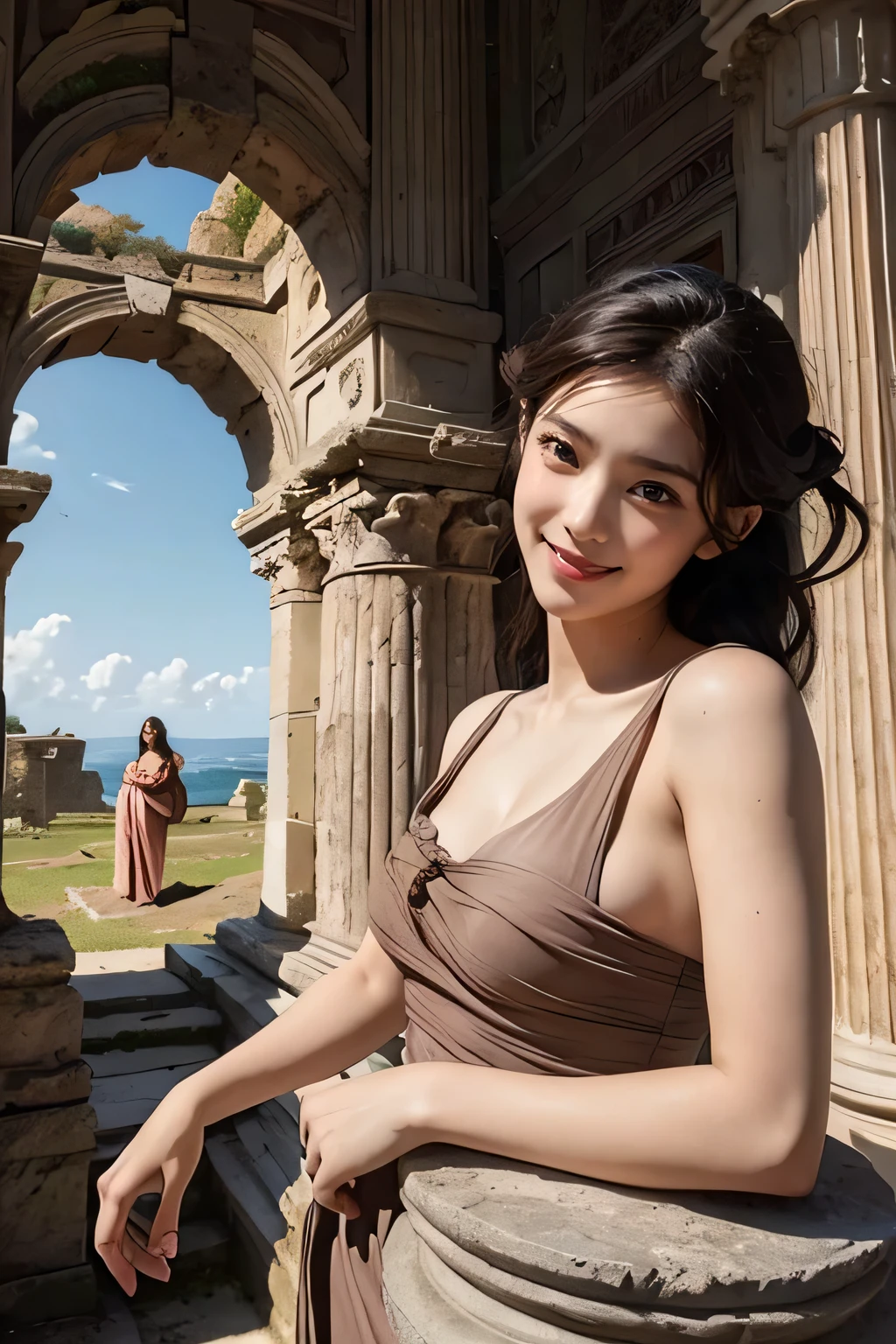 ancient roman sculpture,Ancient Roman ruins,Poussin-style landscape,A smile,,Sweet and seductive appearance.、Caravaggio's paintings、Chiaroscuro of Caravaggio、Hair disheveled in the wind,Two women frolicking,Cute smile, Expression of ecstasy,A sexy,Erotic