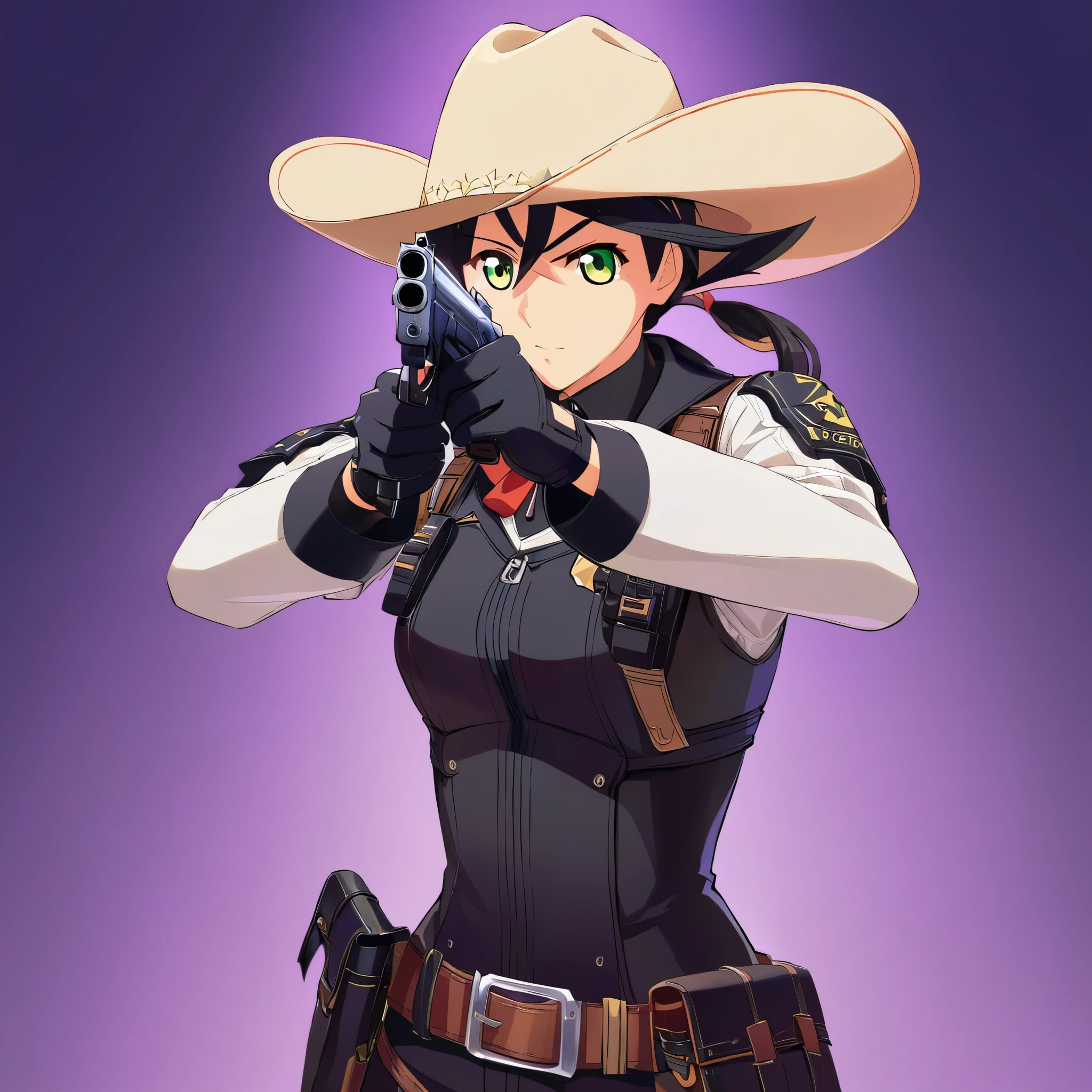 (obra de arte, Melhor qualidade:1.2), atirador, 1 garota, Sozinho, she is wearing black gloves and a cowboy hat, wearing tactical gear, holding a gun with both hands and aiming at the audience, seus olhos focados, (tiros de cowboy), Illustration animation