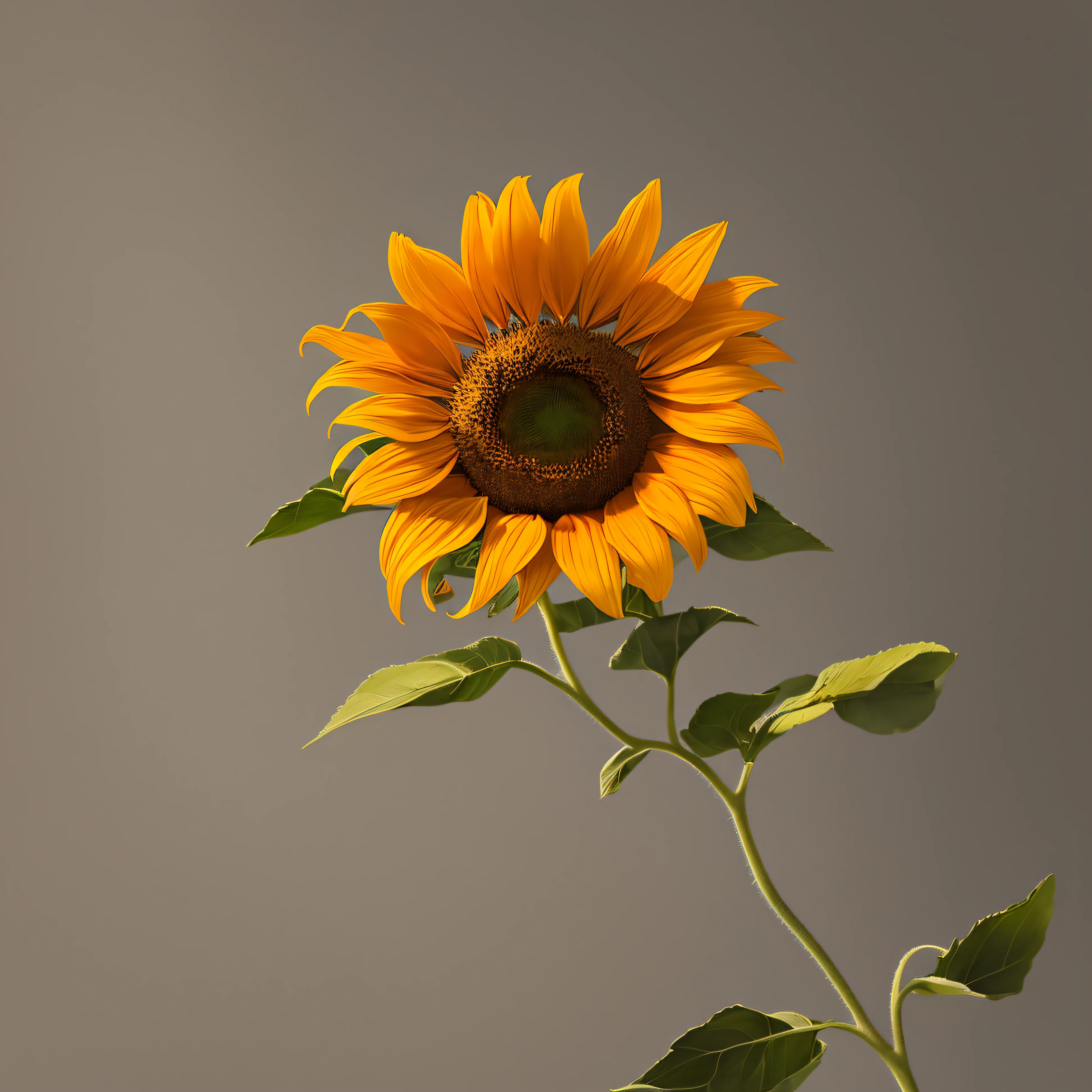 Sunflower flower blooming on a twisted branch against a gray background, simple background, in light orange and light beige style, minimalist images, photographic installations, paleocore, green and crimson, hyper-realistic poetic intimacy --auto --s2