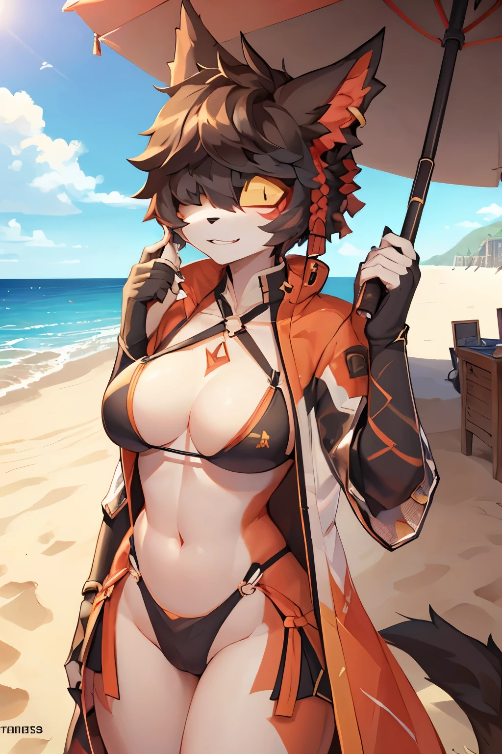 ((best quality, masterpiece, perfect anatomy, detailed picture)), furry, 1female, Aak, (Arknights), sexy body, breasts, black sclera, cat tail, sling bikini, red blushing, shy, in the beach,