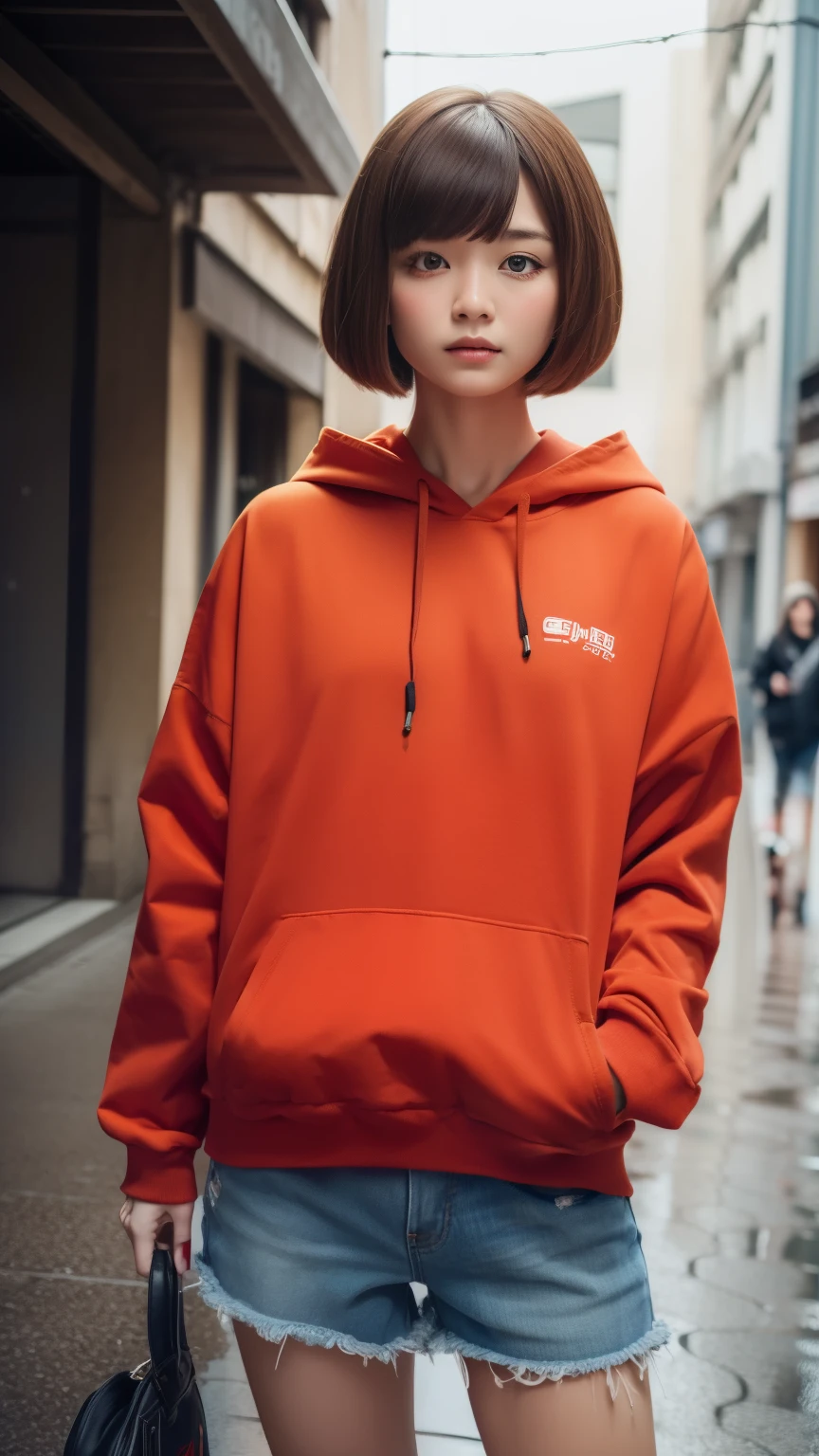 chisatonishikigi, nishikigi chisato, short hair, bangs, blonde hair, (red eyes:1.5), hair ribbon, one side up, bob cut,Oversized red hoodie　hooded,red mask,shorts,black pantyhose,Both hands are in the pockets of the hoodie,walk,rain,cloudy sky,puddle,
break outdoors, city,building street,
break looking at viewer, (cowboy shot:1.5),
break (masterpiece:1.2), highest quality, High resolution, unity 8k wallpaper, (shape:0.8), (fine and beautiful eyes:1.6), highly detailed face, perfect lighting, Very detailed CG, (perfect hands, perfect anatomy),
