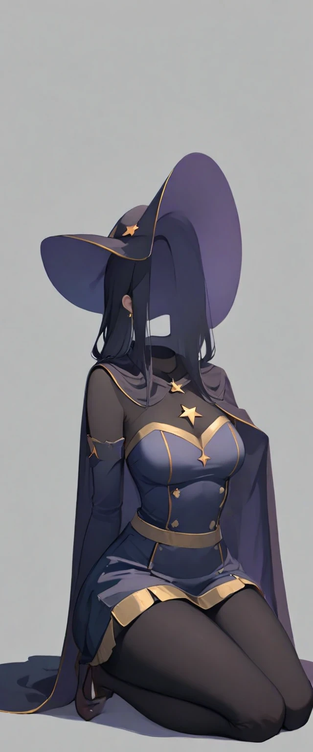 nobody, 1 girl, alone,Headless, no hands, no legs, No weapons, No weapons, Simple background, whole body,1 girl, Double tail, long hair, witch hat, pantyhose,Gloves, black hair, collar, jewelry, cape, gold trim, blue tights,earrings, Separate sleeves, Star (symbol), hat decoration, green eyes, Fur collar, Parker imprint,