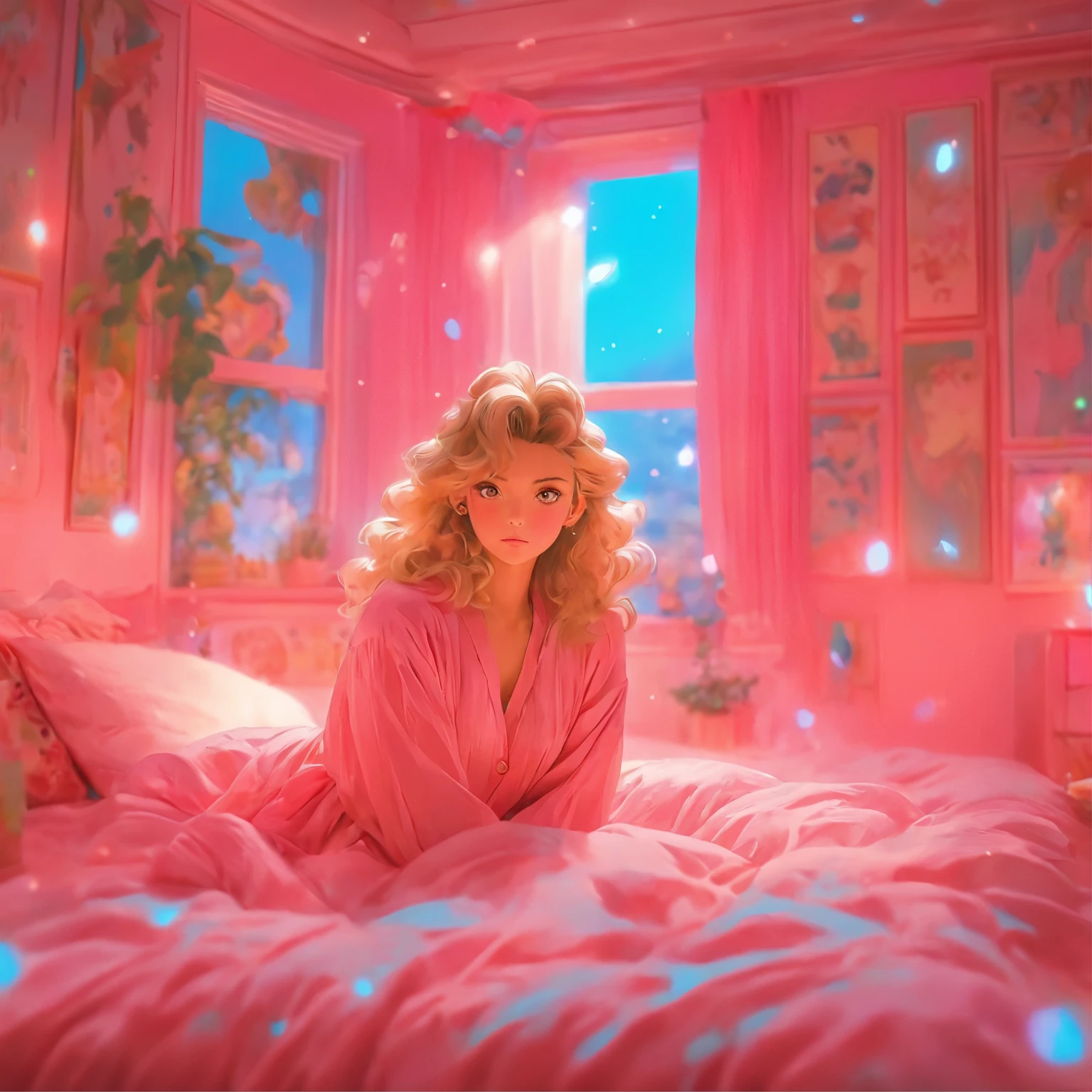 arafed woman in pink dress sitting on bed in pink bedroom, in style of petra collins, dreamy aesthetic, brightly lit pink room, dreamy ethereal vibe, with soft pink colors, petra collins, the walls are pink, miss aniela, inspired by Cecil Beaton, pink hues, boudoir, pink tones, dreamy atmosphere and drama, shades of pink