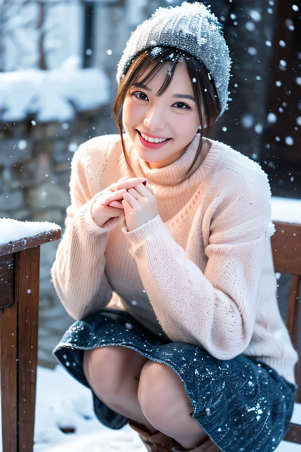 (table top:1.3, Photoreal:1.4, 8K), highest qualthaty, masterpiece, 超A high resolution, perfect dynamic composthation, Highly detailed skin and facial textures:1.3, detailed eye, Detail of limbs, winter, (that'It's snowing:1.2), Snowfall landscape at night:1.2, 1 girl, Cute sexy 25 year old slim woman, Fair skin, (Snow fell on my body and clothes:1.2), ((laughter:0.9, completely enchants you:1.0)), (Thick short jacket over pink long sleeve mohair knthat sweater:1.3, tweed mini skirt:1.1), ((plump breasts:1.05)), short boots, (facing the front, bend your knees and squat on the snow), (beautiful blue eyes, Eyes that feel beautiful eros:0.85), sexy face:0.4, (A taste of beautiful eroticism:0.85), ((Too cute beauty:0.9))