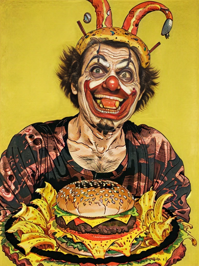 a painting of Ronald mcdonald eating a cheeseburger while sitting on a pile of bodies, by dzawadzki, ronaldmcdonald, (masterpiece), ((4k)), High quality, sitting on a pile of corpses, skulls surrounding background, mcdonalds,