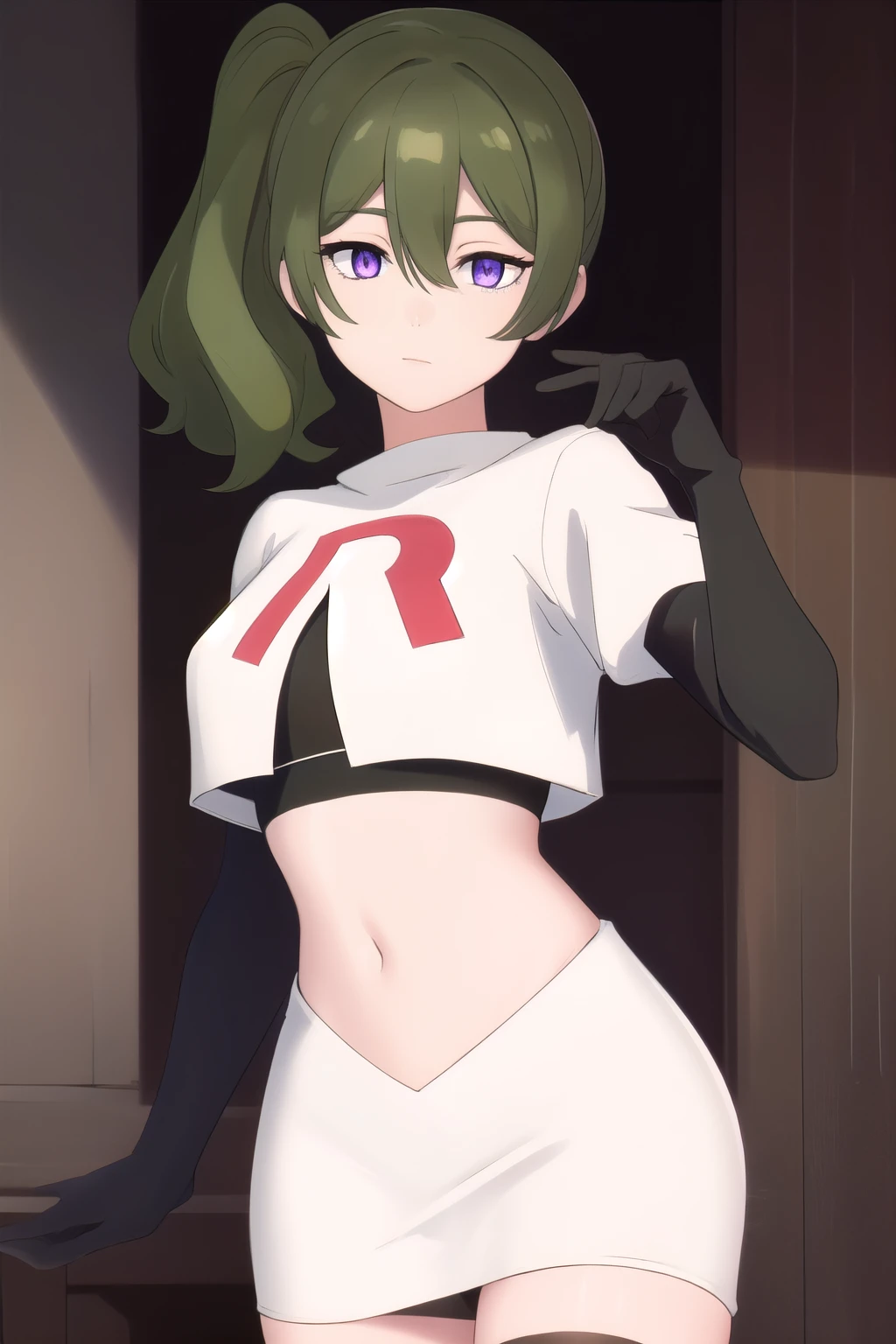 (masterpiece), best quality, high resolution, extremely detailed, detailed background, perfect lighting,ubel, medium hair, hair between eyes, green hair, side ponytail, (purple eyes:1.1), joyful eyes, cute pose, BREAK indoors, hot springs, BREAK looking at viewer, (cowboy shot:1.5), BREAK, (masterpiece:1.2), best quality, high resolution, unity 8k wallpaper, (illustration:0.8), (beautiful detailed eyes:1.6), extremely detailed face, perfect lighting, extremely detailed CG, (perfect hands, perfect anatomy), solo, team rocket,team rocket uniform, red letter R, white skirt,white crop top,black thigh-highs,black elbow gloves