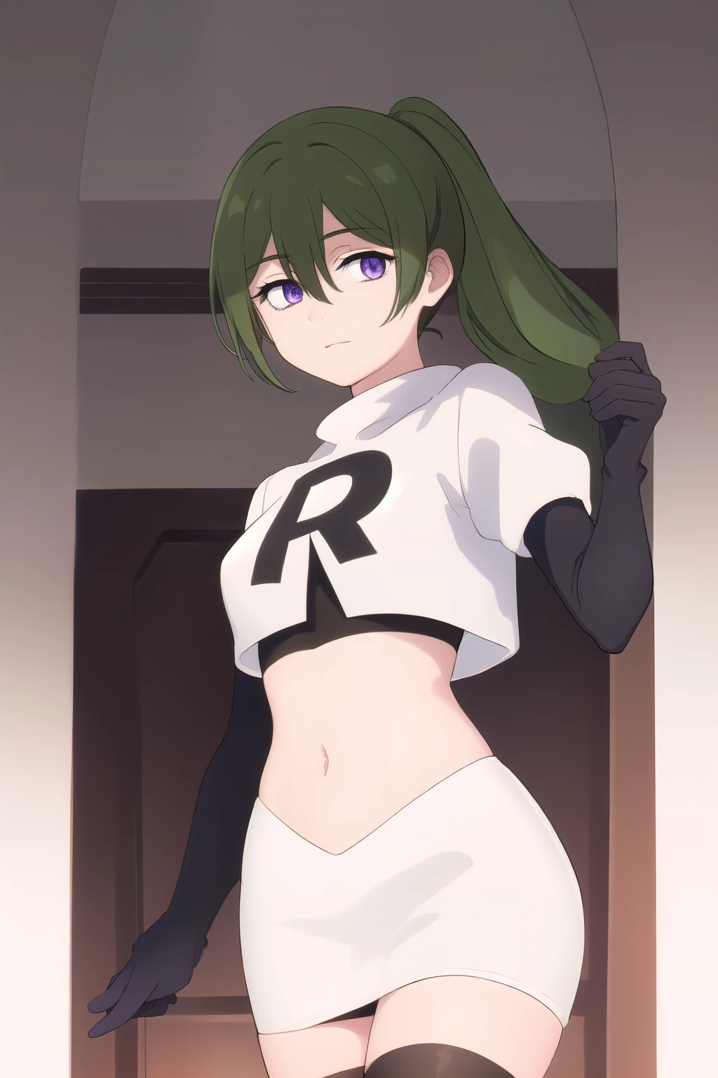 (masterpiece), best quality, high resolution, extremely detailed, detailed background, perfect lighting,ubel, medium hair, hair between eyes, green hair, side ponytail, (purple eyes:1.1), joyful eyes, cute pose, BREAK indoors, hot springs, BREAK looking at viewer, (cowboy shot:1.5), BREAK, (masterpiece:1.2), best quality, high resolution, unity 8k wallpaper, (illustration:0.8), (beautiful detailed eyes:1.6), extremely detailed face, perfect lighting, extremely detailed CG, (perfect hands, perfect anatomy), solo, team rocket,team rocket uniform, red letter R, white skirt,white crop top,black thigh-highs,black elbow gloves