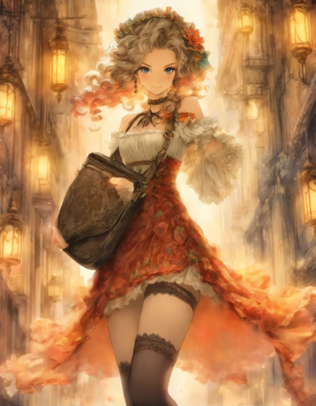 a drawing of a woman in a dress and stockings holding a purse, boris valejo. octopath traveler, boho chic | | very anime!!!, highly detailed exquisite fanart, by Ayami Kojima, inspired by amano, beautiful drawing style, by amano, by Akihiko Yoshida, by Yamagata Hiro, ”beautiful anime woman, beautiful illustration