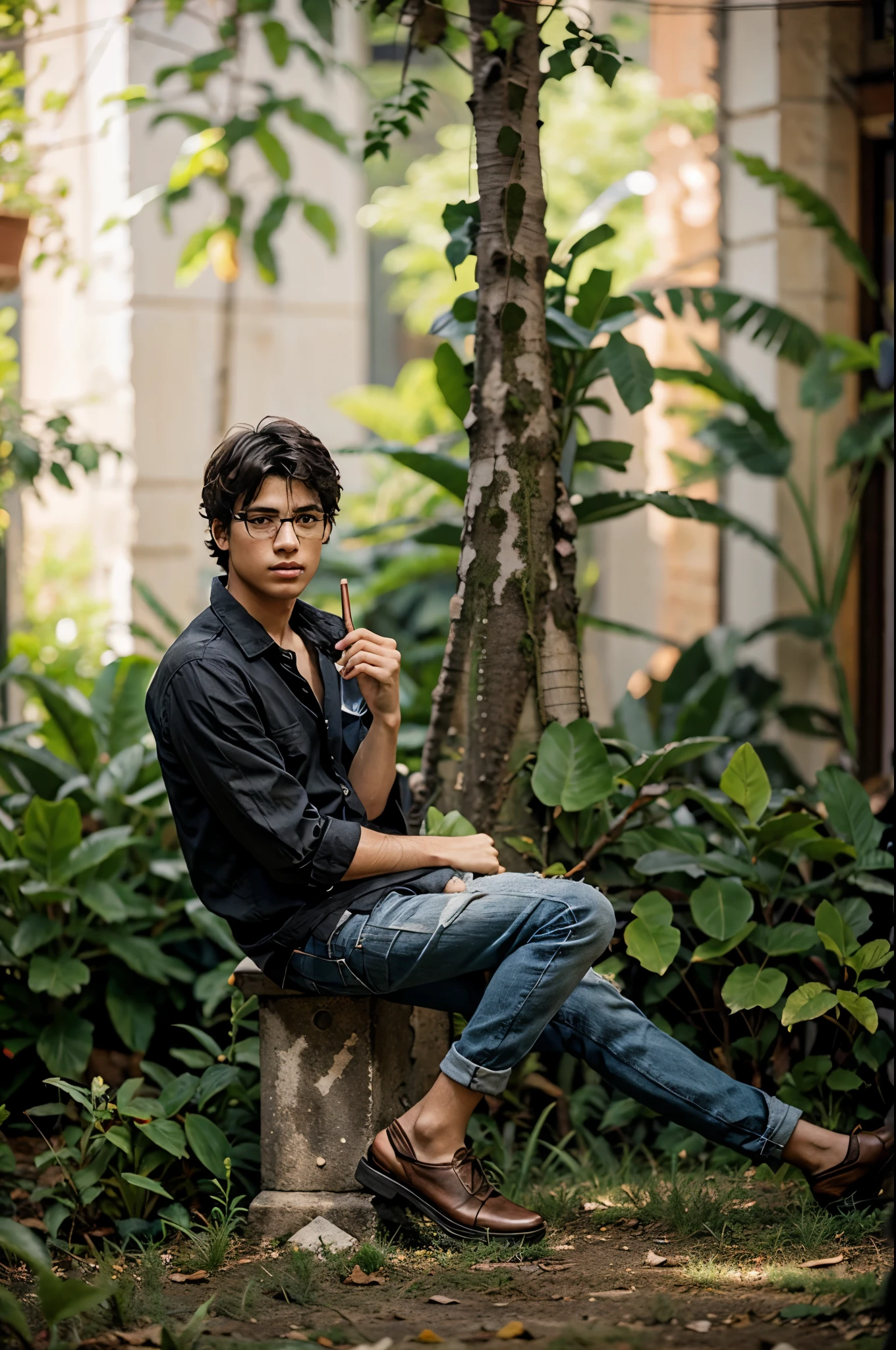 Siting a boy in a house hair black background 