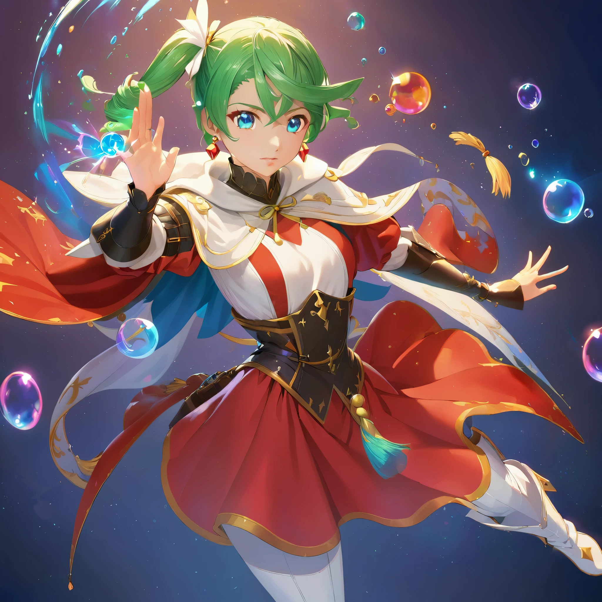 female mage conjuring a magical bubble attack against the enemy, bubbles hovering around her, bubbles popping,(high,artwork:1.2),Ultra-detailed,realistic:1.37,HDR,studio lighting,vivid colors,sharp focus ,Physically based rendering, extreme detail representation, professional, female character, blue eyes, green hair, (((red clothes))), side ponytail, golden triangular earrings, White cape covering the bust, Long white boots, A magical, gentle, detailed, 8k, high quality, Dynamic light effects, Medieval context