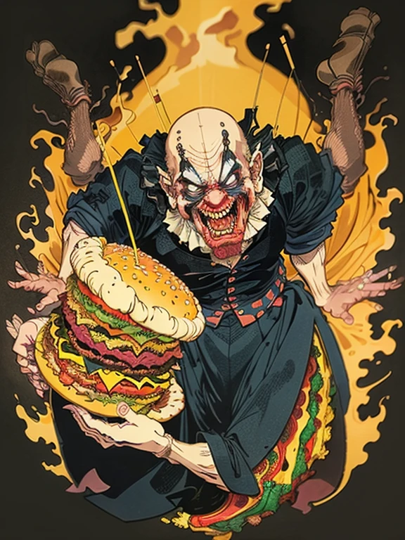 (A clown man with a scary face bites into a hamburger),buzz cut，Floating world style，KHD，simple background，master piece，KHD、
