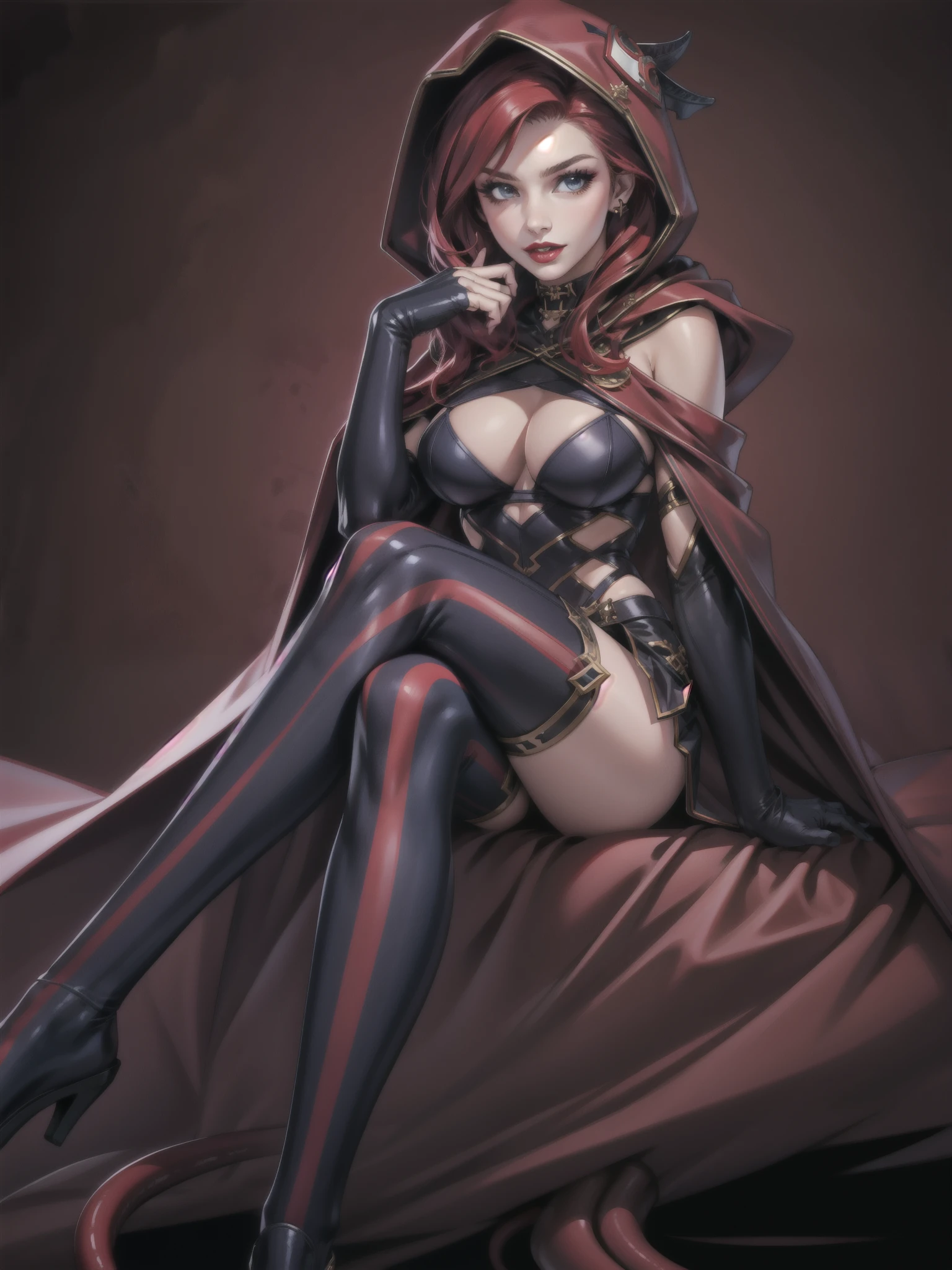 perfect eyes:1.2, detailed eyes:1.4, realistic:1.4, shaded face, red hair, hair over shoulder, robe, cape, fringe, tentacles, argyle, checkered, clothing cutout, stripedthighhighs, black and red vertical striped thighhighs, makeup, lipstick, hood up, cleavage, sitting, 1girl, solo, (masterpiece:1.6, best quality),