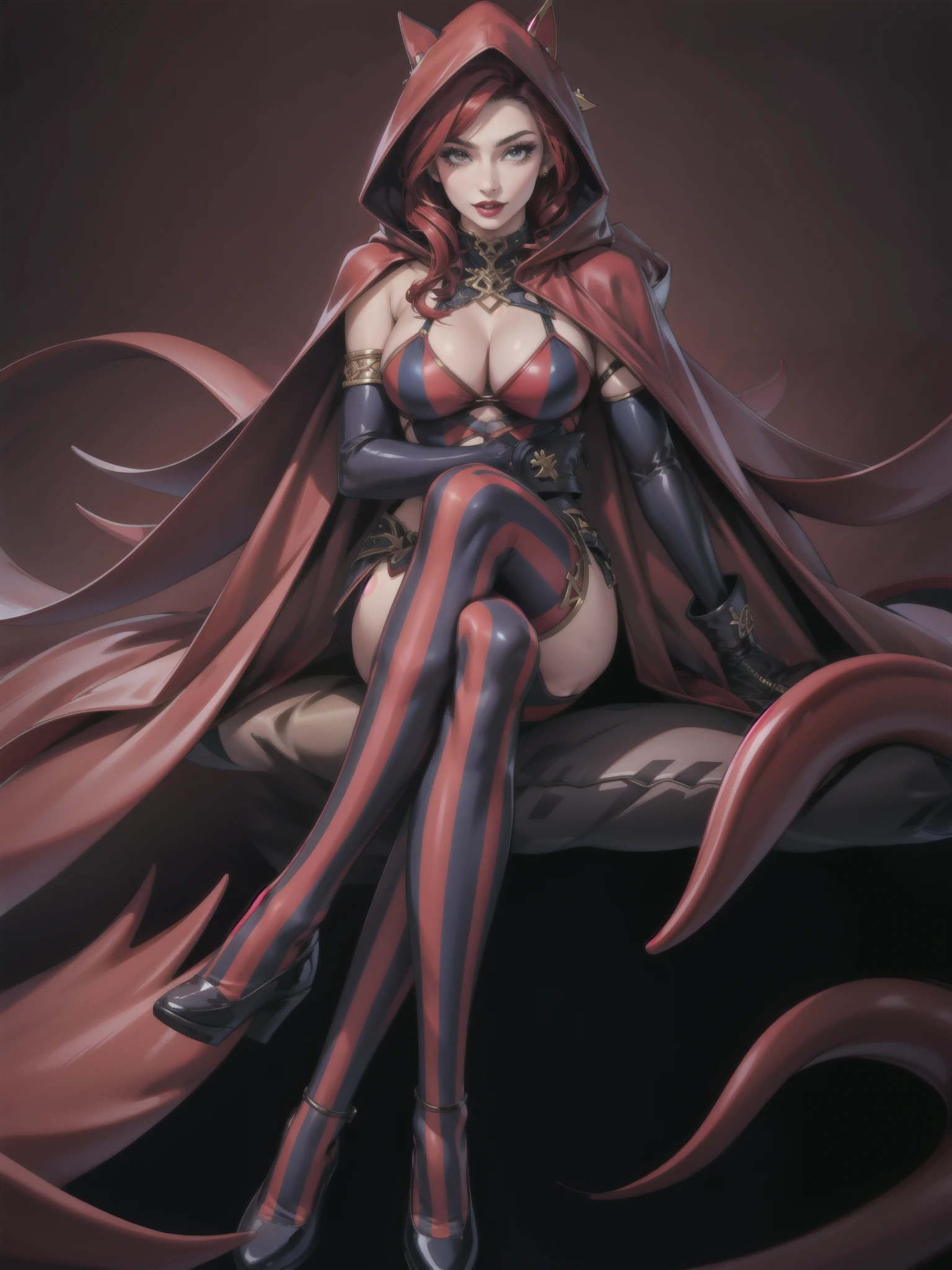 perfect eyes:1.2, detailed eyes:1.4, realistic:1.4, shaded face, red hair, hair over shoulder, robe, cape, fringe, tentacles, argyle, checkered, clothing cutout, stripedthighhighs, black and red vertical striped thighhighs, makeup, lipstick, hood up, cleavage, sitting, 1girl, solo, (masterpiece:1.6, best quality),