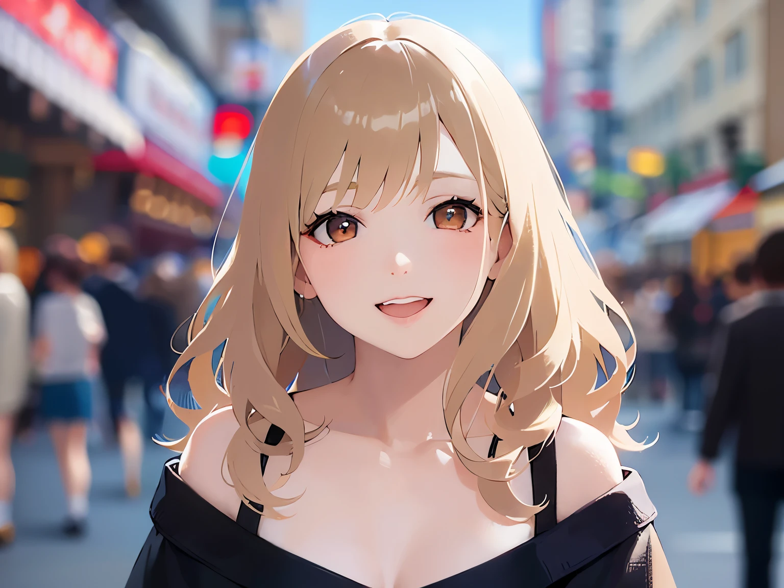 Upper Body, Realistic, real person, (pale skin: 1.2), RAW photo, photorealistic, portrait photography, shiny skin, japanese idol、shiny hair、(25 year old woman with medium hair with blonde bangs) and (wavy hair) and (orange eyes) , (smile:1.2), open mouth, black off shoulder blouse、The background is a shopping street、Alone、Are standing、