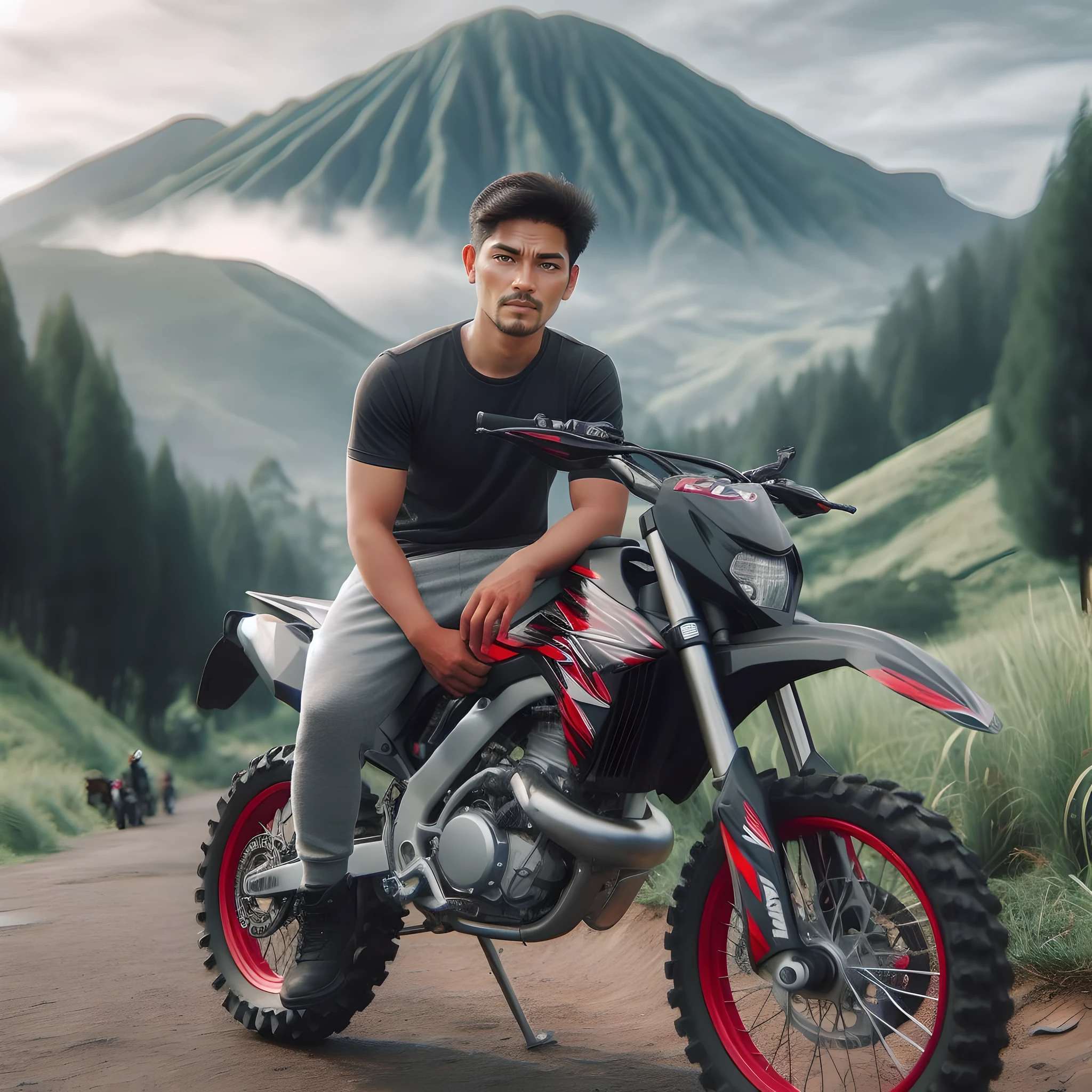 arafed man sitting on a motorcycle on a dirt road, inspired by Alex Petruk APe, inspired by Rudy Siswanto, moutain in background, mountain in the background, realism artstyle, by Abidin Dino, hills in the background, with mountains in the background, motorcycle, mountains in the background, avatar image, andy worhol, motorbiker