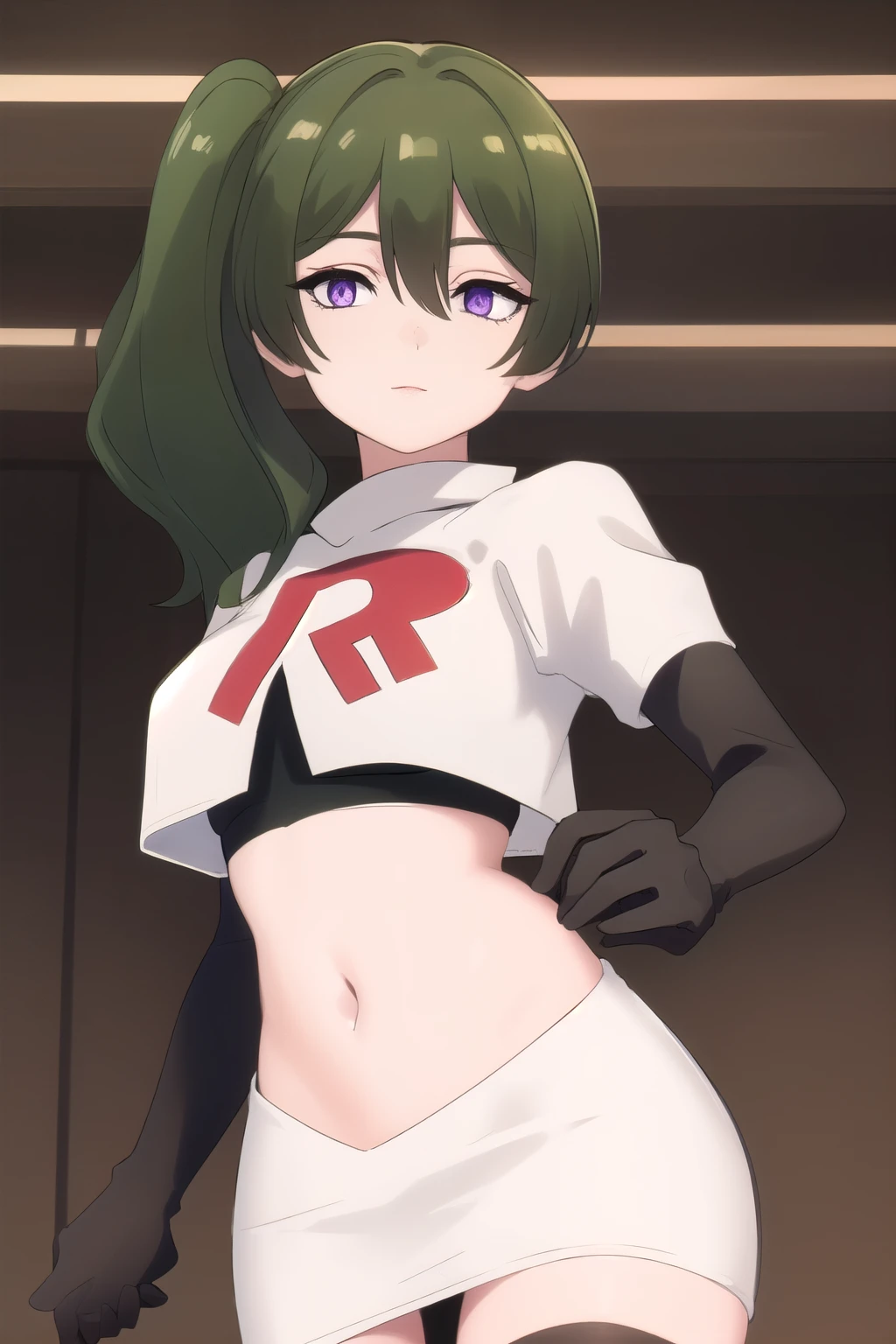 (masterpiece), best quality, high resolution, extremely detailed, detailed background, perfect lighting,ubel, medium hair, hair between eyes, green hair, side ponytail, (purple eyes:1.1), joyful eyes, cute pose, BREAK indoors, hot springs, BREAK looking at viewer, (cowboy shot:1.5), BREAK, (masterpiece:1.2), best quality, high resolution, unity 8k wallpaper, (illustration:0.8), (beautiful detailed eyes:1.6), extremely detailed face, perfect lighting, extremely detailed CG, (perfect hands, perfect anatomy), solo, team rocket,team rocket uniform, red letter R, white skirt,white crop top,black thigh-highs,black elbow gloves