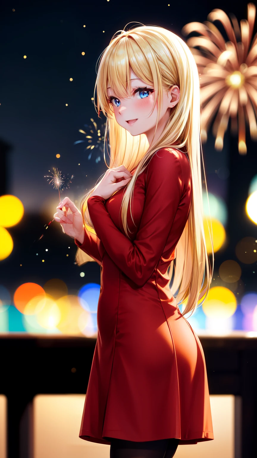Full HD, Super detailed, high quality, master likes it, Bokeh, woman, 30 years, stockings, red midi dress, compensate, night, fireworks light, close your eyes and laugh, Lens flare,long hair,blonde,blue eyes