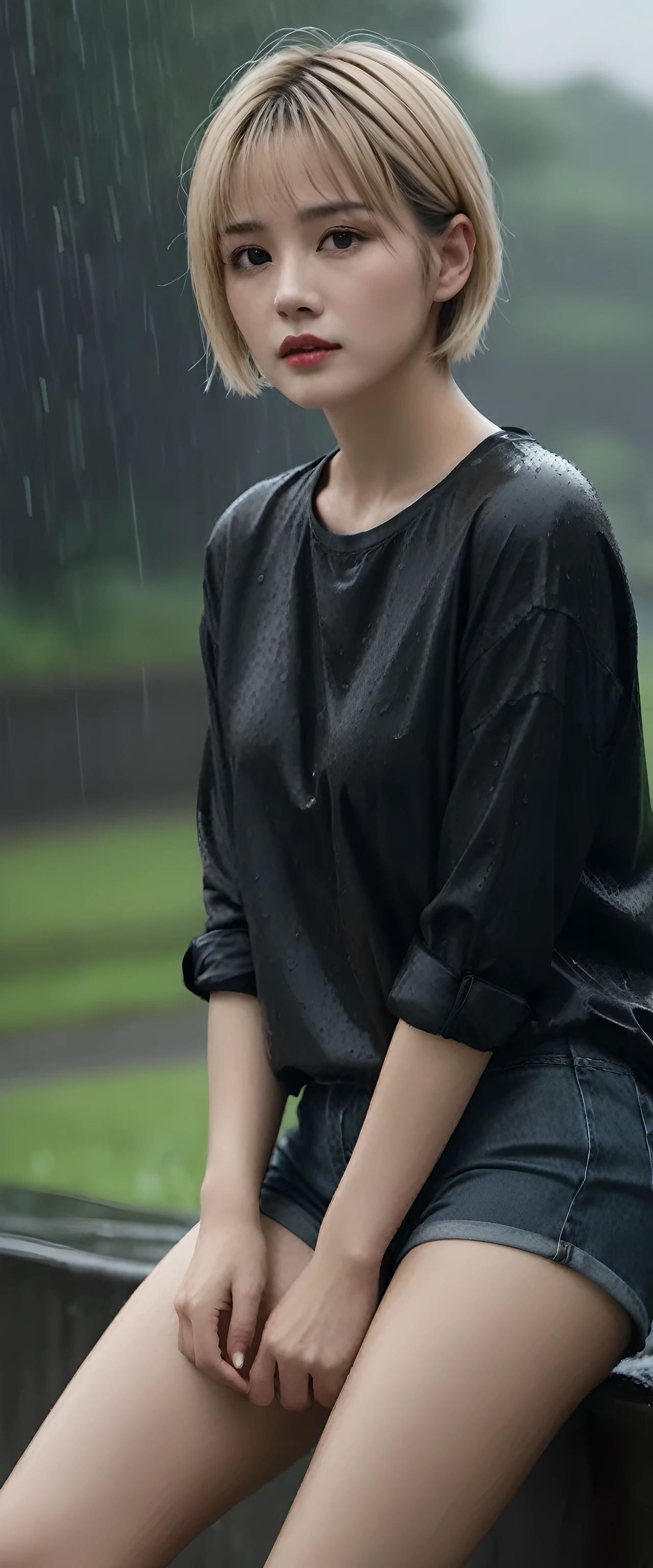 woman with short blonde hair, Wear shorts., Wear a big black shirt., gloomy atmosphere, rain, Quiet atmosphere, nostalgic atmosphere, highest resolution, Model size, head to knees, Realistic tone, Realistic light and shadow.