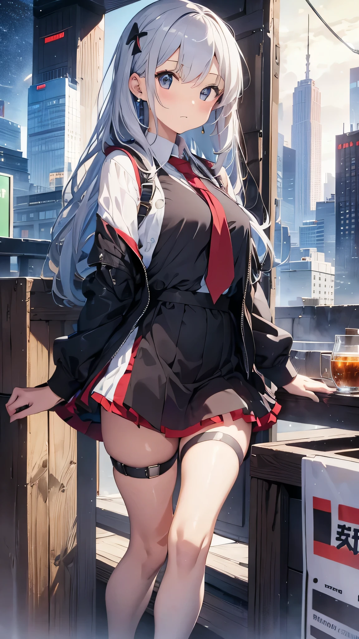 最high quality、Best image quality、masterpiece、girl((18-year-old、 By becoming、Best Bust、Medium Bust,Wide open breast tea、Red glowing eyes,Silver Hair、Disheveled Hair、Long Hair、thin,The highest valley、Open chest、Luminous Wristbands、hat、hair ornaments、luminous necklace、Black sleeveless hoodie(1:2)、Blue short skirt、Disheveled clothing、Show the whole body,Low - Angle、Hacker-like、sweating、lure、Black cute mask、Leaning against a wall、Black scarf、Have a smartphone、Back view、Accentuate your butt)),high quality、Beautiful art、background((Neon Light、Neon interior at night))、Flight、Flying debris、Written boundary depth、movie、Visual Arts、Perfect art、8K,Genuine、