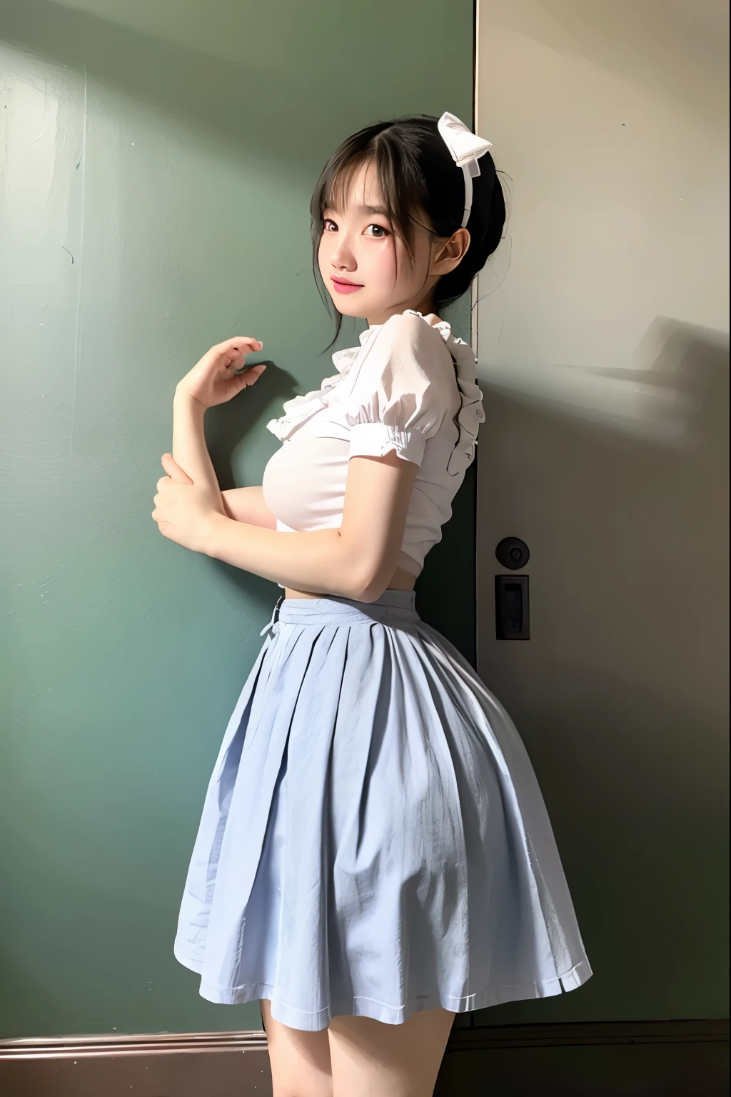 baby face maid {nipple} Fluttering skirt, ta, mid-length skirt, knee-length skirt, girl, skirt pulled up to reveal thighs, Alice in Wonderland