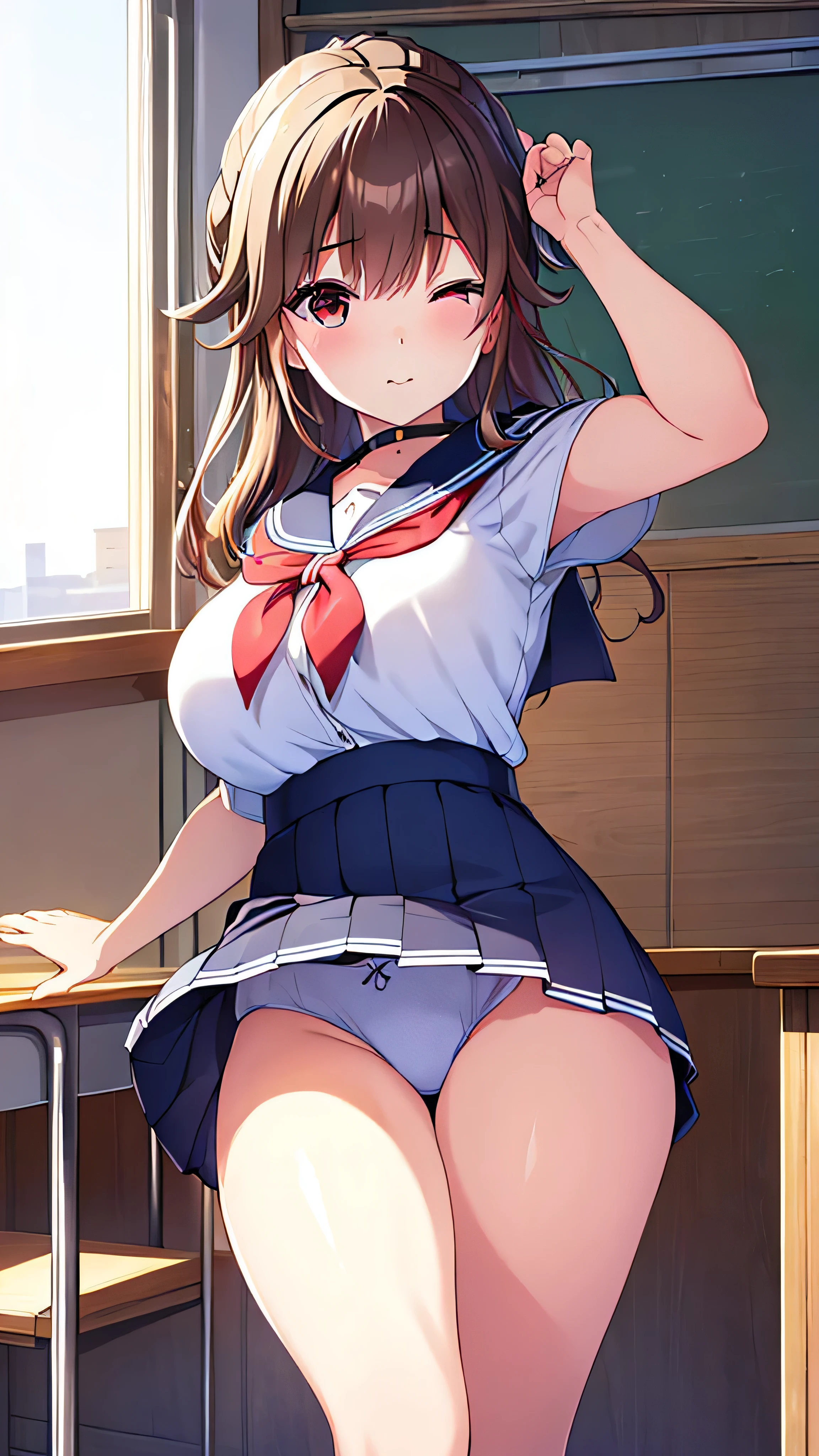(best quality、8K、32k、masterpiece、north african trade zone、ultra high resolution、Impressionism、photorealism:1.2)、big breasts、cowboy shooting, Detailed face and eyes、 inside the classroom、School、Sunset、pretty face、blurred background、16 year old beautiful girl、shiny skin、Hair half raised、beautiful brown hair、dull bangs、brown eyes、(close one eye)、Sailor suit、pleated mini skirt、curve、(lift up skirt、i can see your pants:1.2)、thigh thigh thigh、(Navel exposed:0.4)、dynamic poses