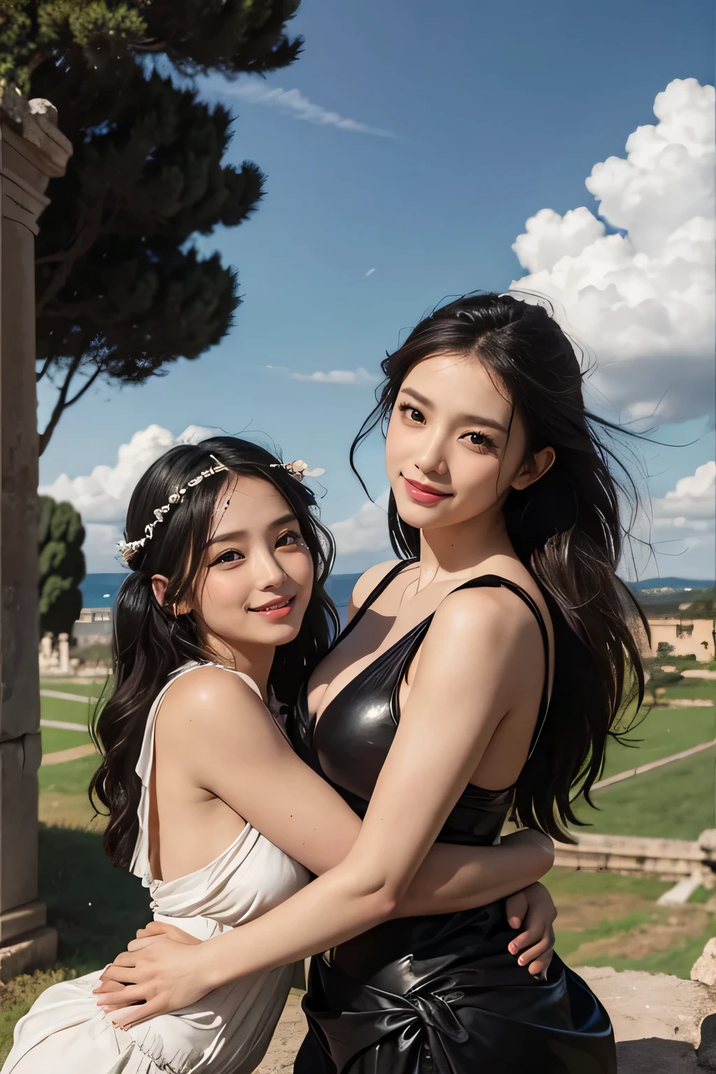 ancient roman sculpture,Ancient Roman ruins,Poussin-style landscape,A smile,,Sweet and seductive appearance.、Caravaggio's paintings、Chiaroscuro of Caravaggio、Hair disheveled in the wind,Two women frolicking,Cute smile, Expression of ecstasy,A sexy,Erotic