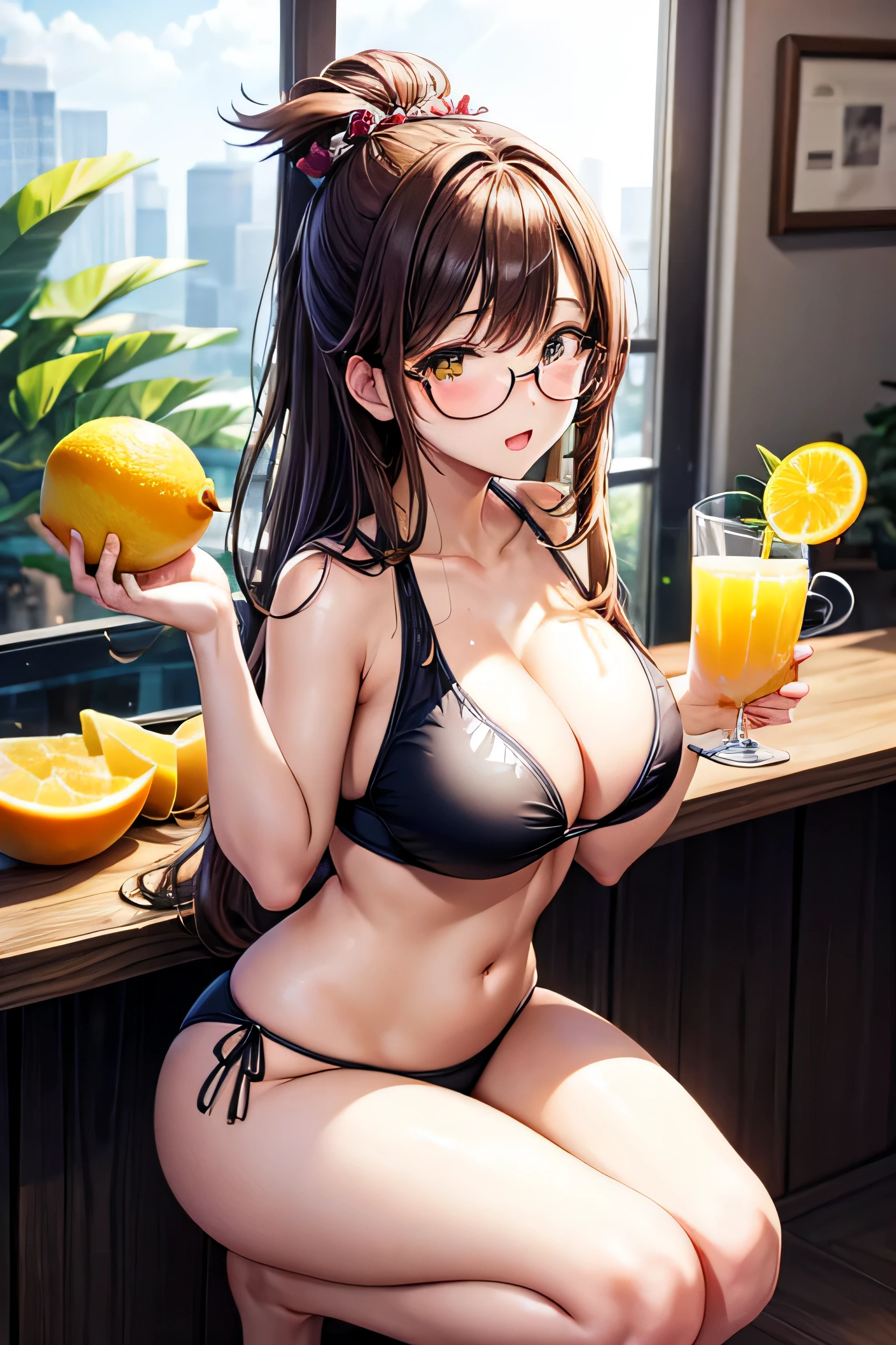 High resolution, high quality, 1 girl, anime girl, brown long hair, brown eyes,heart-shaped pupil, Green glasses, tanned skin, big breasts,beautiful breasts, (big ass),beautiful butt,白いスクールwater着,squat,(drink a lot of juice),(inflate one's stomach),(put your hand on your crotch),(lemonade),(lemon juice),(orange juice),(mango juice),(Binapple juice),(water),at the cafe,