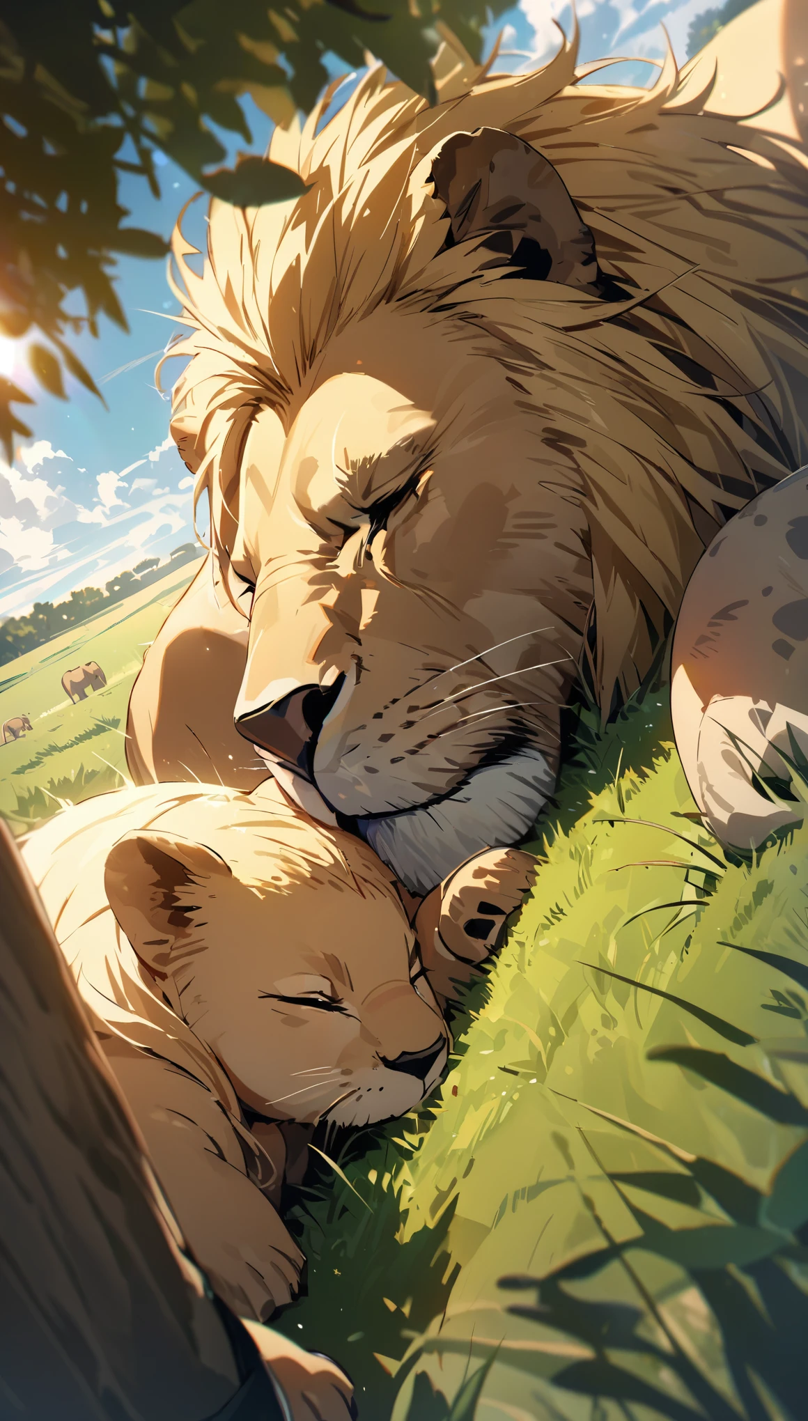 ((masterpiece, best quality, ultra detailed)), (shiny hair:1.4),(ultra-wide angle, beautiful, delicate details,), meadow, lion family, sleeping, delicate depiction, sunny sky, savannah sunshine, carefully drawing every single grass, savannah with trees here and there, breeze, elephants walking in the distance,