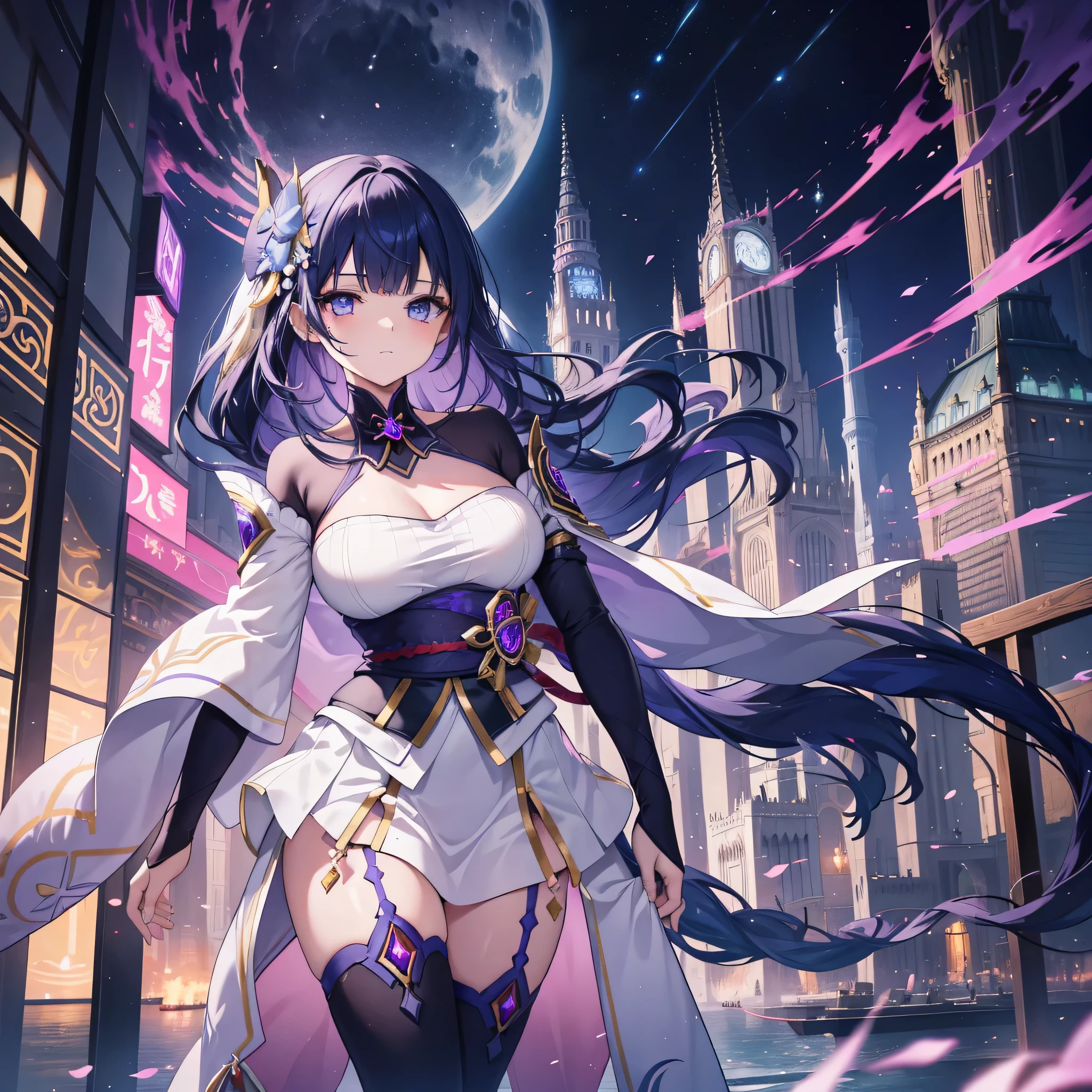 In the heart of a futuristic city, adorned with fantasy elements and reminiscent of the Sikon no Qwaser style, se encuentra una mujer, a captivating fusion of Furina and Amber from Genshin Impact, Eris de Mushoko Tensei, Magilou de Cuentos de Berseria, and Weiss Schnee with black hair with lemon yellow tips.. Sus ojos azul claro nacarados, salpicado de vibrantes tonos violetas, take in the city with a sense of wonder and awe.

Vestido con un atuendo que combina armoniosamente lo medieval, still, and military aesthetics, she puts on an asymmetrical composed skirt