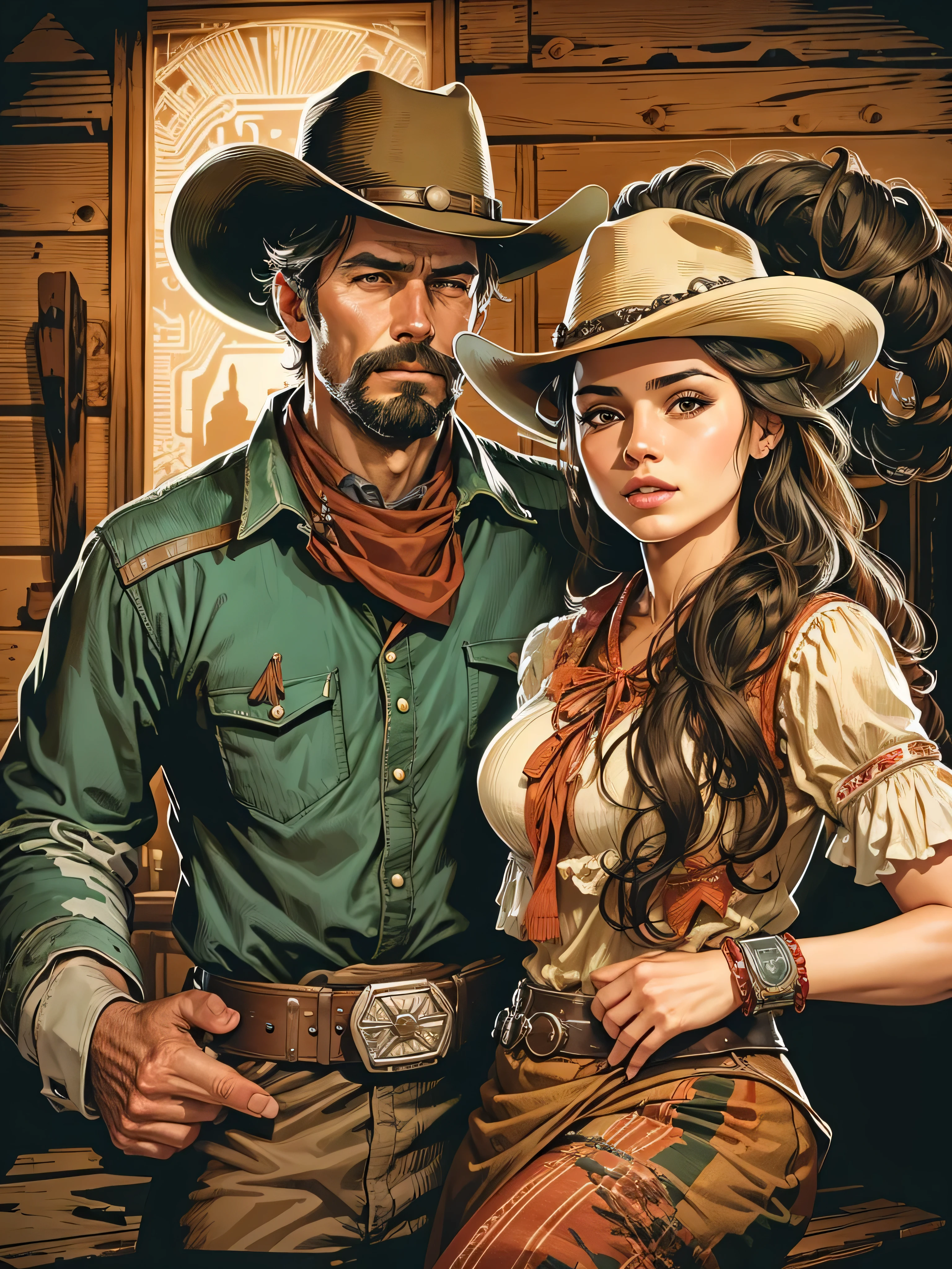 Imagem de estilo vetorial de design de alta qualidade, estilo de estampa de camiseta, Graphic art of cowboy with a lady next to him White background Realistic colors, American Wild West scene in the hall, imagem vetorial.