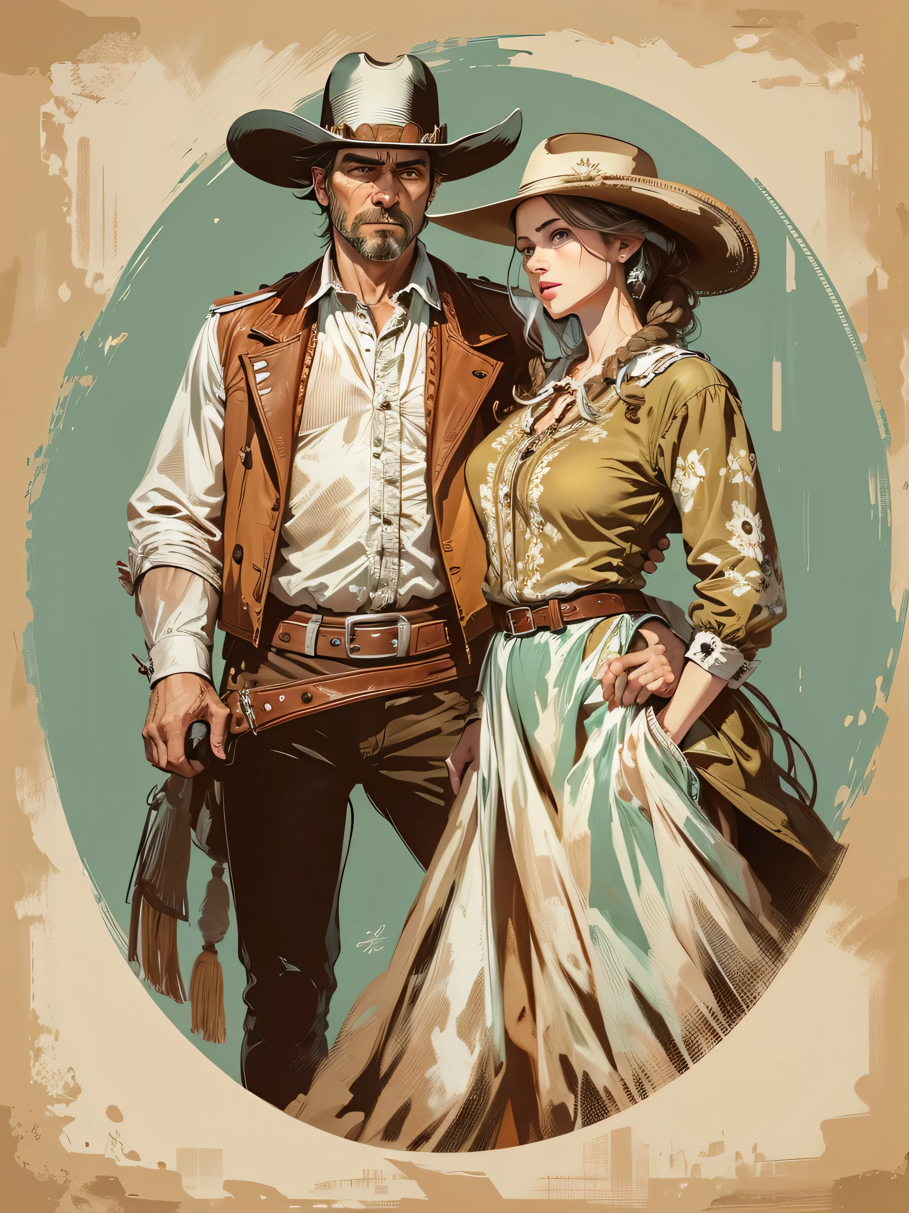 Imagem de estilo vetorial de design de alta qualidade, estilo de estampa de camiseta, Graphic art of cowboy with a lady next to him White background Realistic colors, American Wild West scene in the hall, imagem vetorial.