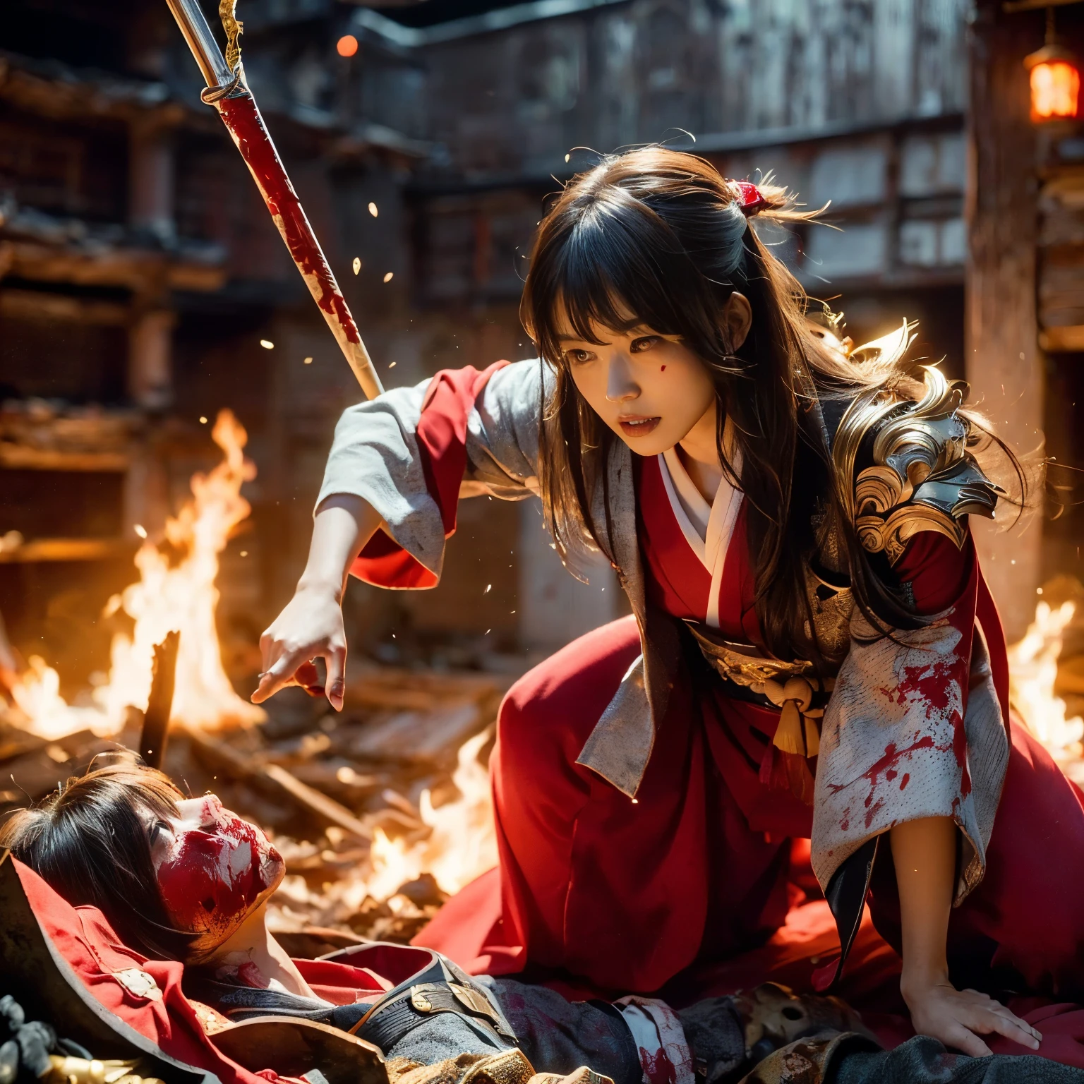 (((Realistic, masterpiece, best quality, crisp detail, high definition, high detail, rich detail, sharp focus, colorful, perfect studio lightning))), 20 years old assassin,((( in the middle of a war, kasumi arimura, severely wounded, slashed, attack stance, swinging katana))), wearing (((fully decorated golden armor, armored kimono, blood scattered face, blood tears, blood bath, blood shed))), (((fire everywhere, blood everywhere, death everywhere, japan bakumatsu period, dead bodies,carcass,burned japanese castle,hellish,chaos)) traditional village background)