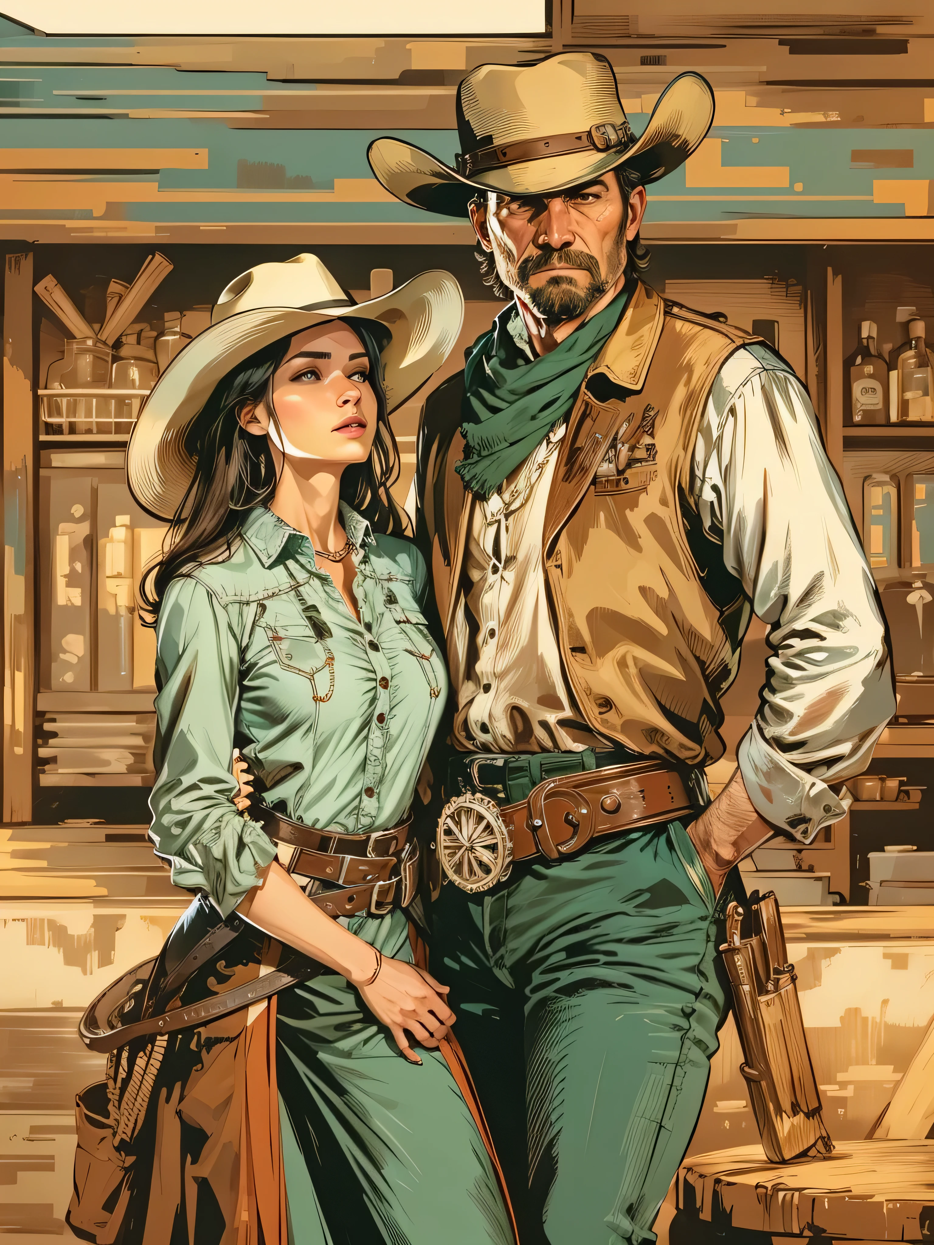 Imagem de estilo vetorial de design de alta qualidade, estilo de estampa de camiseta, Graphic art of cowboy with a lady next to him White background Realistic colors, American Wild West scene in the hall, imagem vetorial.