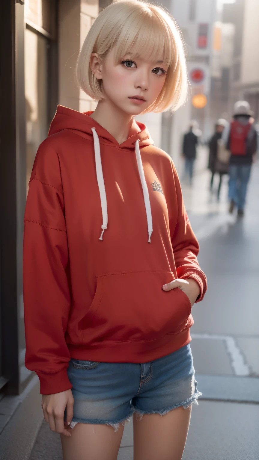 chisatonishikigi, nishikigi chisato, short hair, bangs, blonde hair, (red eyes:1.5), hair ribbon, one side up, bob cut,Oversized red hoodie hooded,red mask,shorts,black pantyhose,Both hands are in the pockets of the hoodie,walk,rain,cloudy sky,puddle,
break outdoors, city,building street,
break looking at viewer, (cowboy shot:1.5),
break (masterpiece:1.2), highest quality, High resolution, unity 8k wallpaper, (shape:0.8), (fine and beautiful eyes:1.6), highly detailed face, perfect lighting, Very detailed CG, (perfect hands, perfect anatomy),