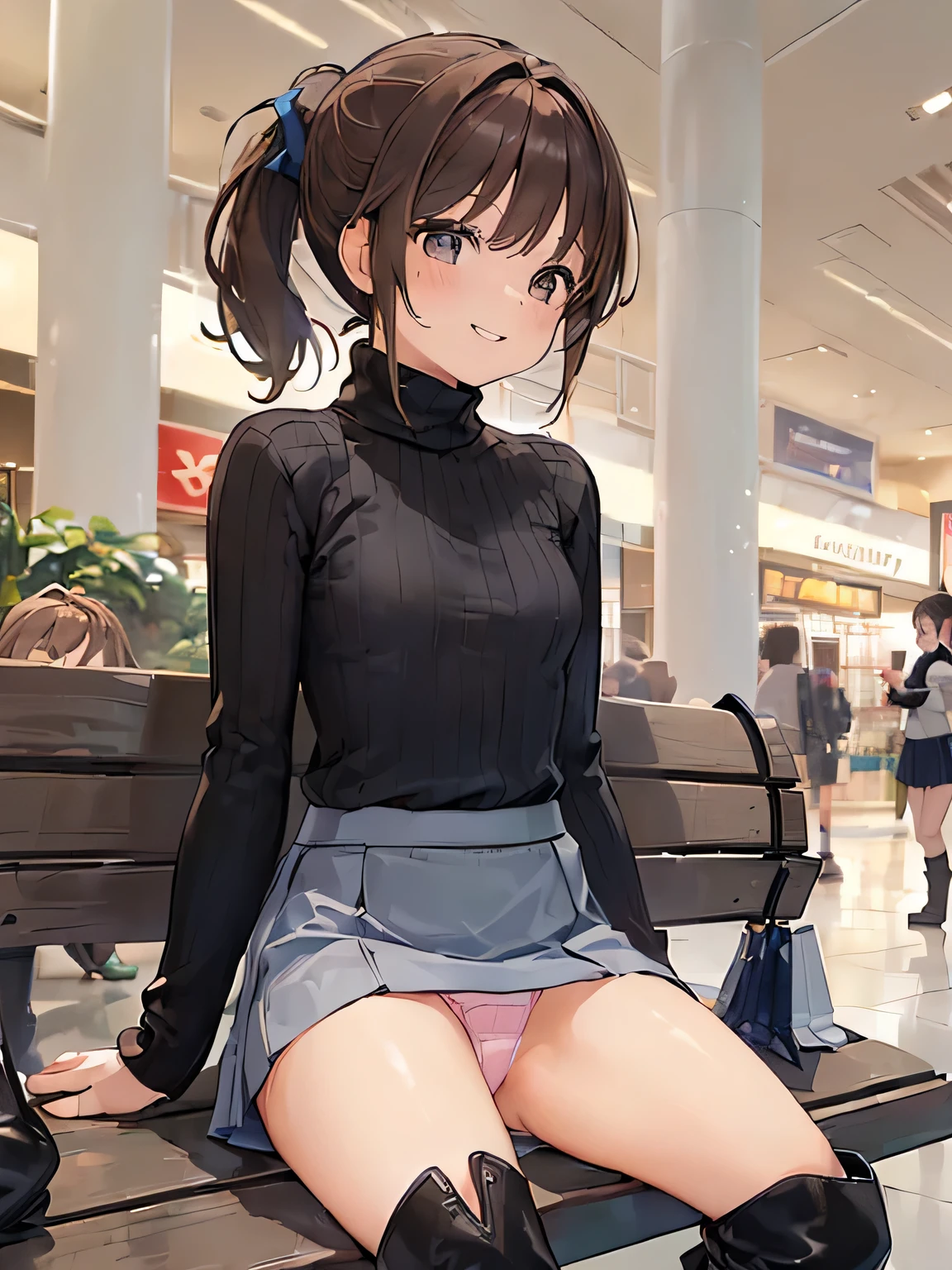 (masterpiece, highest quality, High resolution, realistic pictures, realistic skin:1.1),
(Shopping Mall Benchに座る女性:1.8), 
(Please use the female panty shots facing the front.:1.8),
(grinning expression:1.5),
(She is wearing a blue long sleeve turtleneck knit:1.8),
(she is wearing a gray flared miniskirt:1.8),
(she is wearing black clothes, middle boots:1.8),
(The pants are in bright colors:1.2),
(brown hair in a middle ponytail:1.5),
(small face:1.5),
(Location: Shopping Mall Bench:1.5),
1 Japanese girl, alone, Full-bodied Esbian, beautiful eyes, sparkling eyes, NSFW