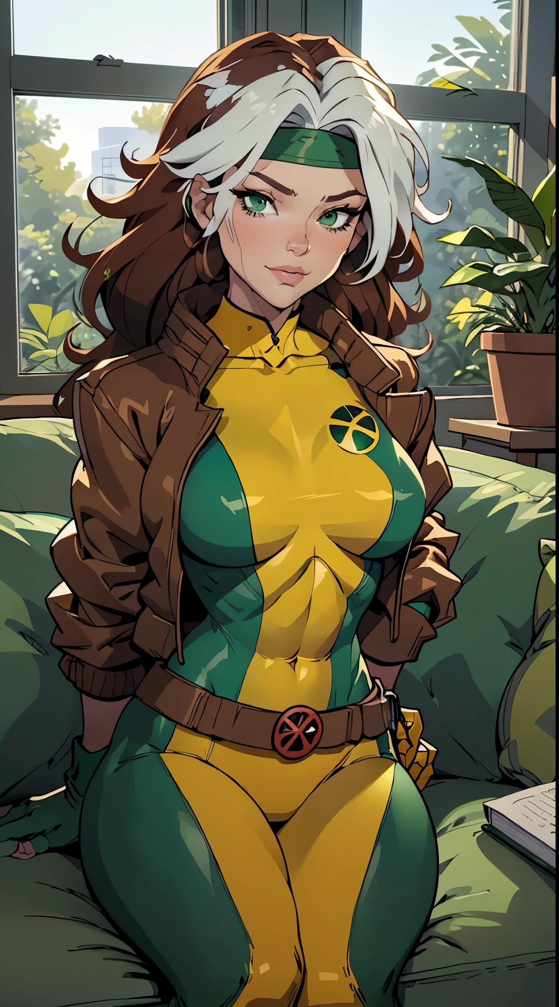 (masterpiece, best quality:1.2), classicrogue, 1girl, solo, long hair, breasts, smile, large breasts, brown hair, green eyes, jacket, big hair, white hair, multicolored hair, parted lips, open clothes, belt, two-tone hair, open jacket, lips, bodysuit, covered navel, makeup, muscular, headband, abs, skin tight, multicolored clothes, muscular female, dyed bangs, multicolored bodysuit, green bodysuit, yellow bodysuit, butterfly, bug, window, sitting, indoors, plant, book, laptop, computer, couch, looking at viewer, closed mouth, blurry, blue butterfly, potted plant, building, expressionless, depth of field, book stack, day