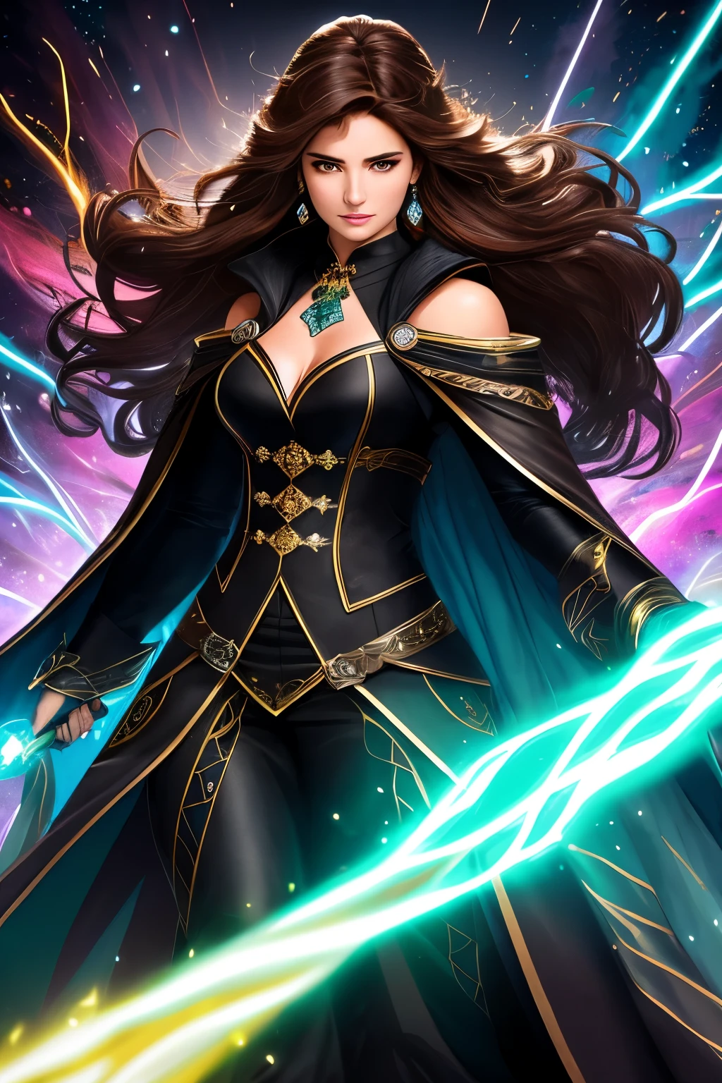 In the midst of a dark and chilly night, a female wizard with brown hair cascading down her shoulders stands tall, ready to unleash her formidable powers against the looming enemy. Adorned in an animal skin coat that hugs her curvaceous figure, she wears a pompous cape made of black fabric, swirling around her as she conjures up a magnificent magical attack. The cold colors of the scene contrast brilliantly with the electric sparks that hover around her, as if charged with the raw energy of the elements. Green crystal earrings glint in the dim light, adding an enchanting touch to her appearance.
Her countenance is calm and steady,