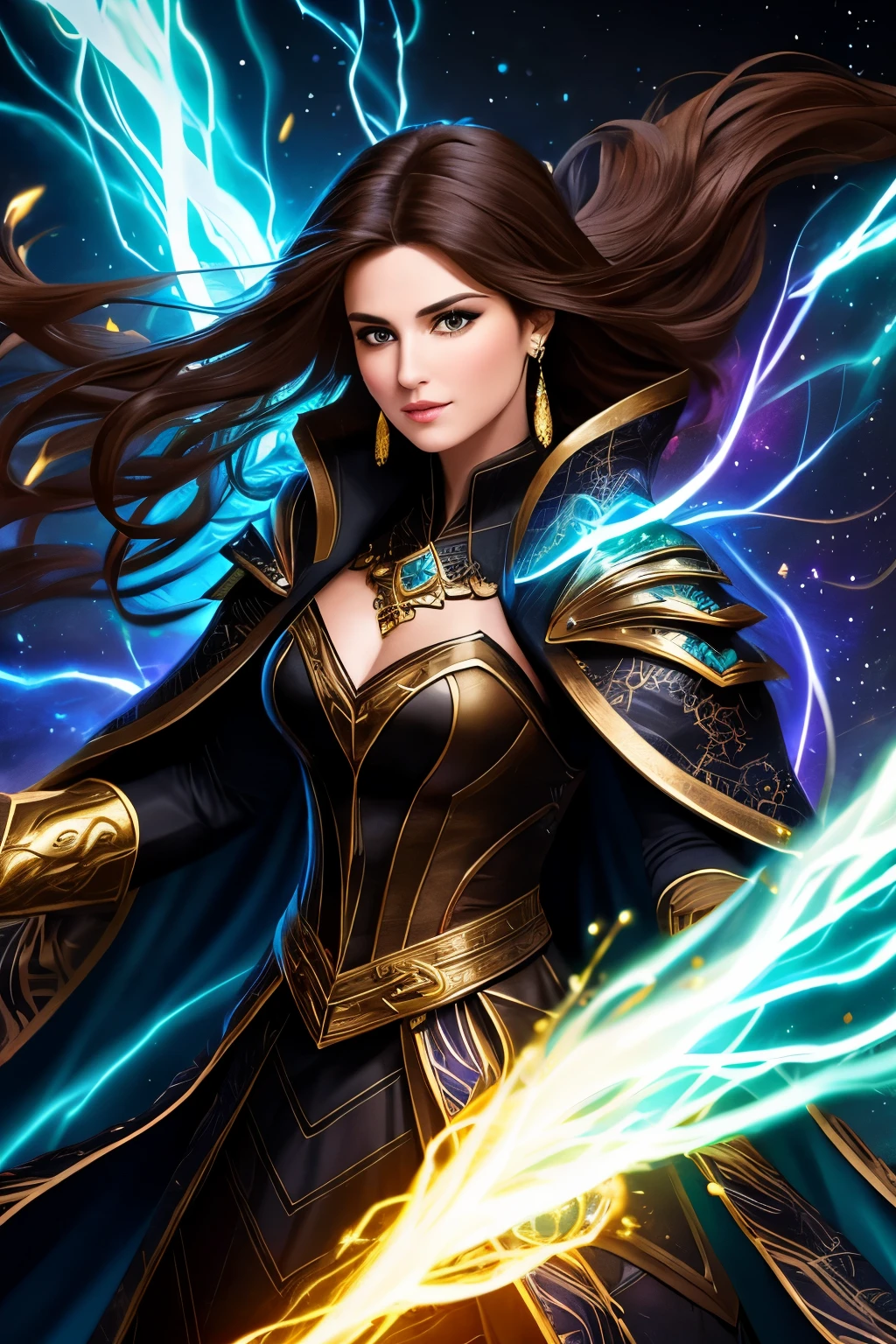 In the midst of a dark and chilly night, a female wizard with brown hair cascading down her shoulders stands tall, ready to unleash her formidable powers against the looming enemy. Adorned in an animal skin coat that hugs her curvaceous figure, she wears a pompous cape made of black fabric, swirling around her as she conjures up a magnificent magical attack. The cold colors of the scene contrast brilliantly with the electric sparks that hover around her, as if charged with the raw energy of the elements. Green crystal earrings glint in the dim light, adding an enchanting touch to her appearance.
Her countenance is calm and steady,
