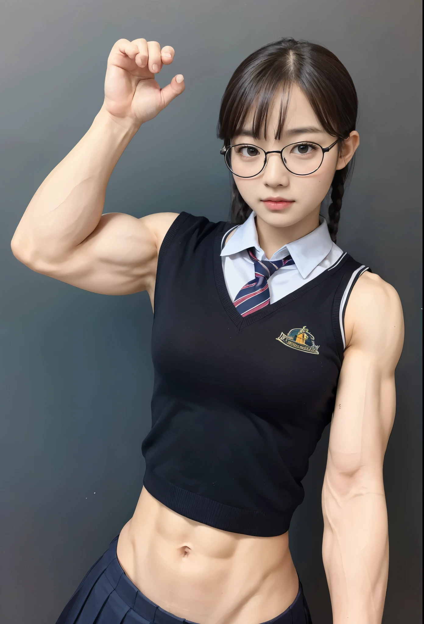 1 girl,(masterpiece) ,beautiful, muscular shoulder,muscular female,glasses, alternate muscle size,abs,pecs, teacher uniform,blackboard, biceps,