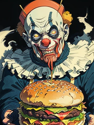 (A clown man with a scary face bites into a hamburger),buzz cut，Floating world style，KHD，simple background，master piece，KHD、
