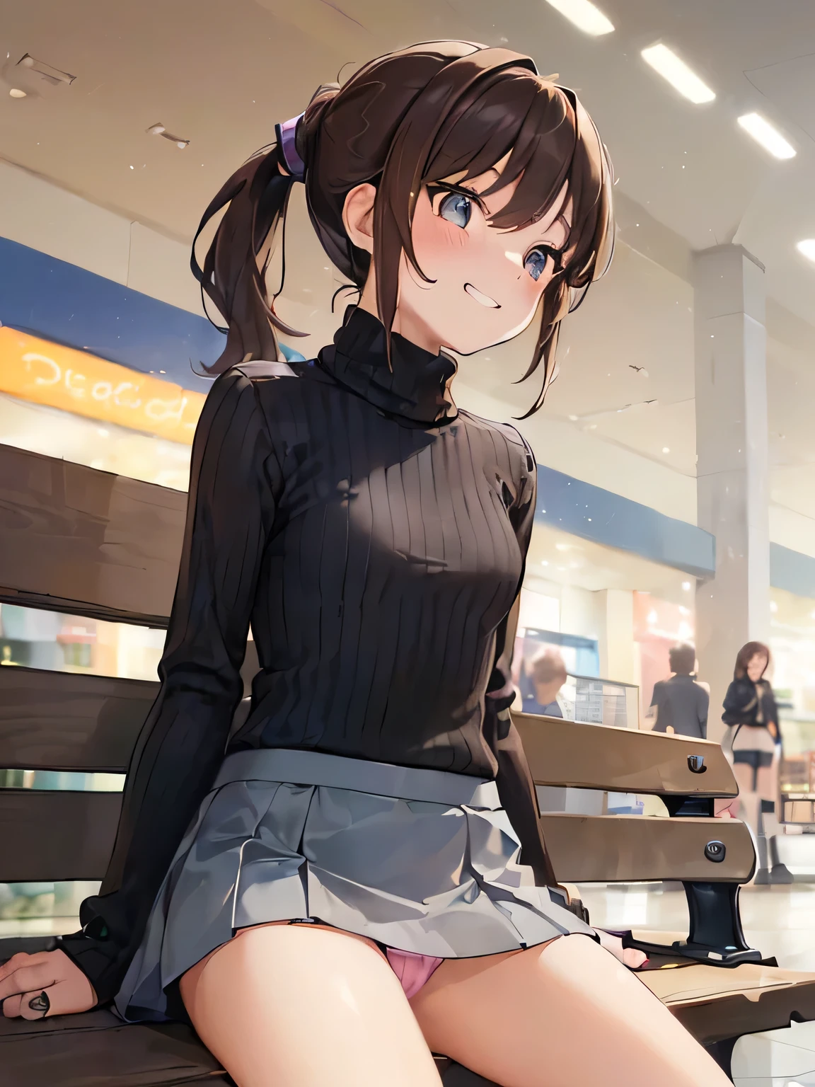 (masterpiece, highest quality, High resolution, realistic pictures, realistic skin:1.1),
(Shopping Mall Benchに座る女性:1.8),
(Please use the female panty shots facing the front.:1.8),
(grinning expression:1.5),
(She is wearing a blue long sleeve turtleneck knit:1.8),
(she is wearing a gray flared miniskirt:1.8),
(she is wearing black clothes, middle boots:1.8),
(The pants are in bright colors:1.2),
(brown hair in a middle ponytail:1.5),
(small face:1.5),
(Location: Shopping Mall Bench:1.5),
1 Japanese girl, alone, Full-bodied Esbian, beautiful eyes, sparkling eyes, NSFW